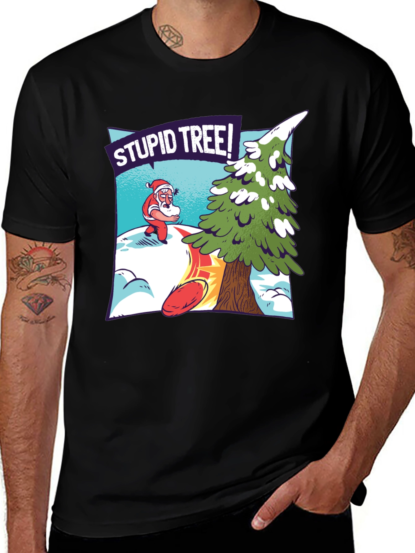 Variant 10 of Funny Santa 'Stupid Tree!' Graphic Tee - Black Cotton Blend