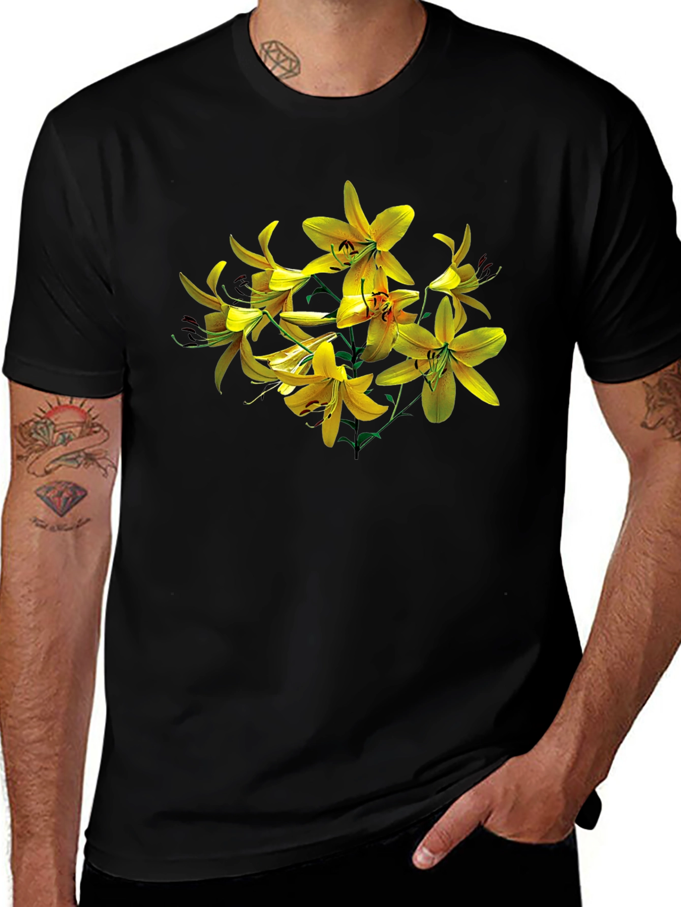 Variant 13 of Floral Yellow Lily Graphic Black T-Shirt