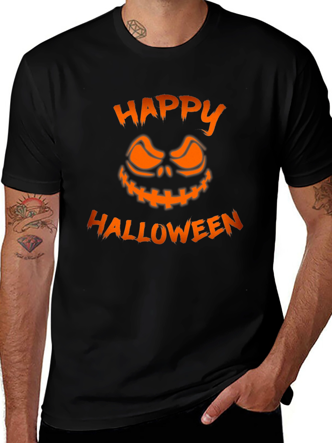 Happy Halloween Pumpkin Face Graphic Tee - Black