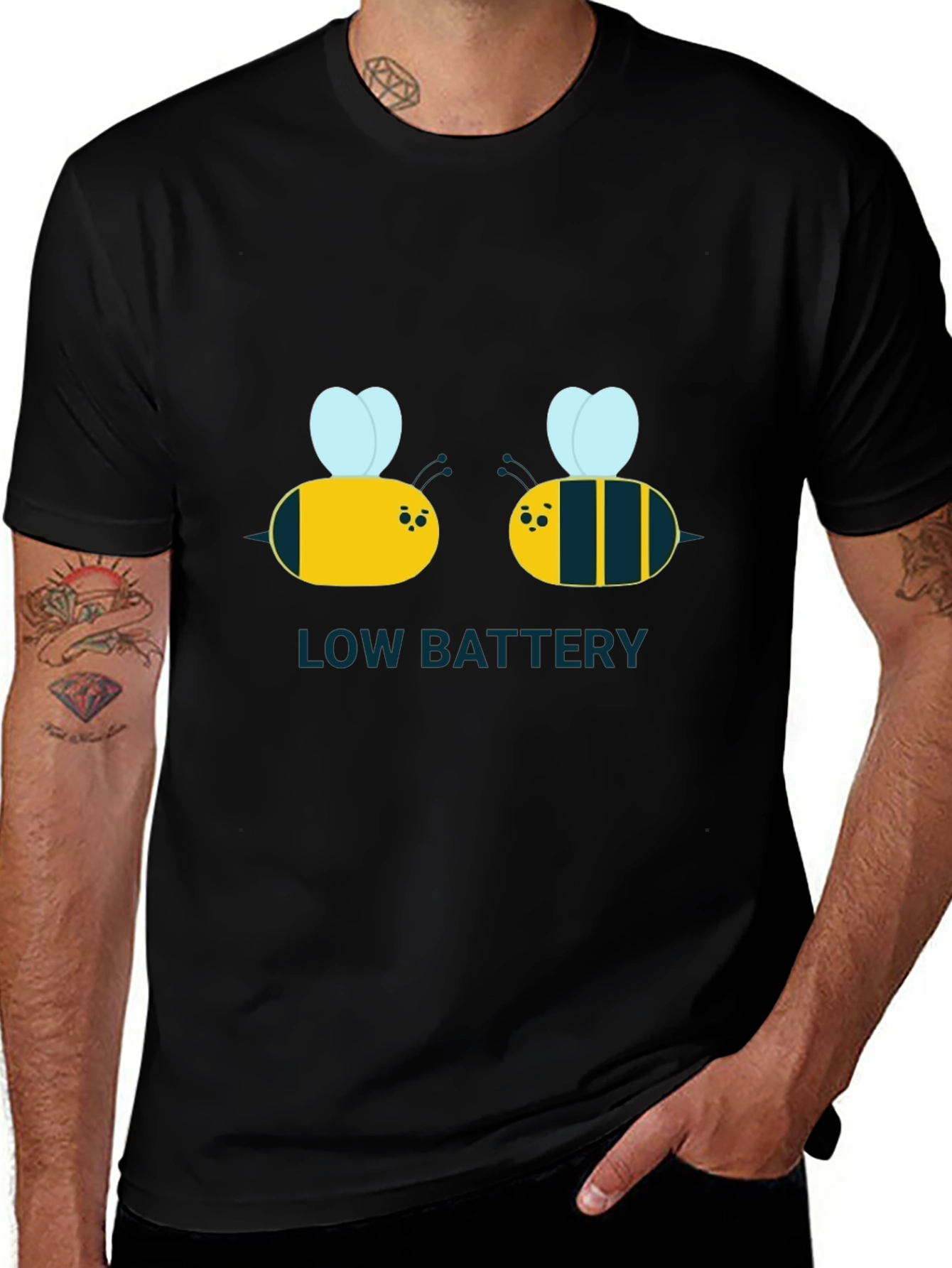 Low Battery Bee Graphic Black T-Shirt