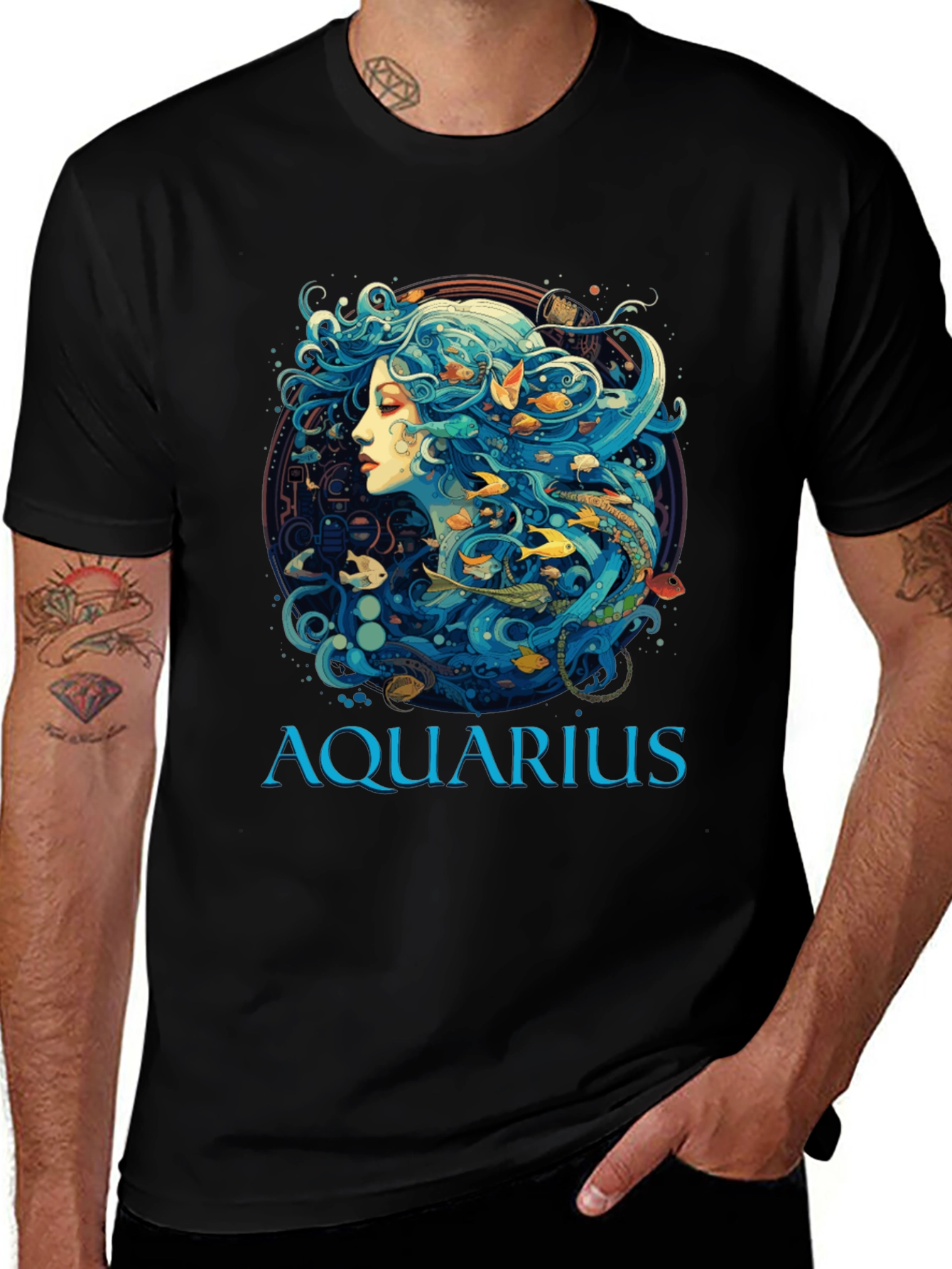 Aquarius Zodiac T-Shirt, Black Cotton Tee