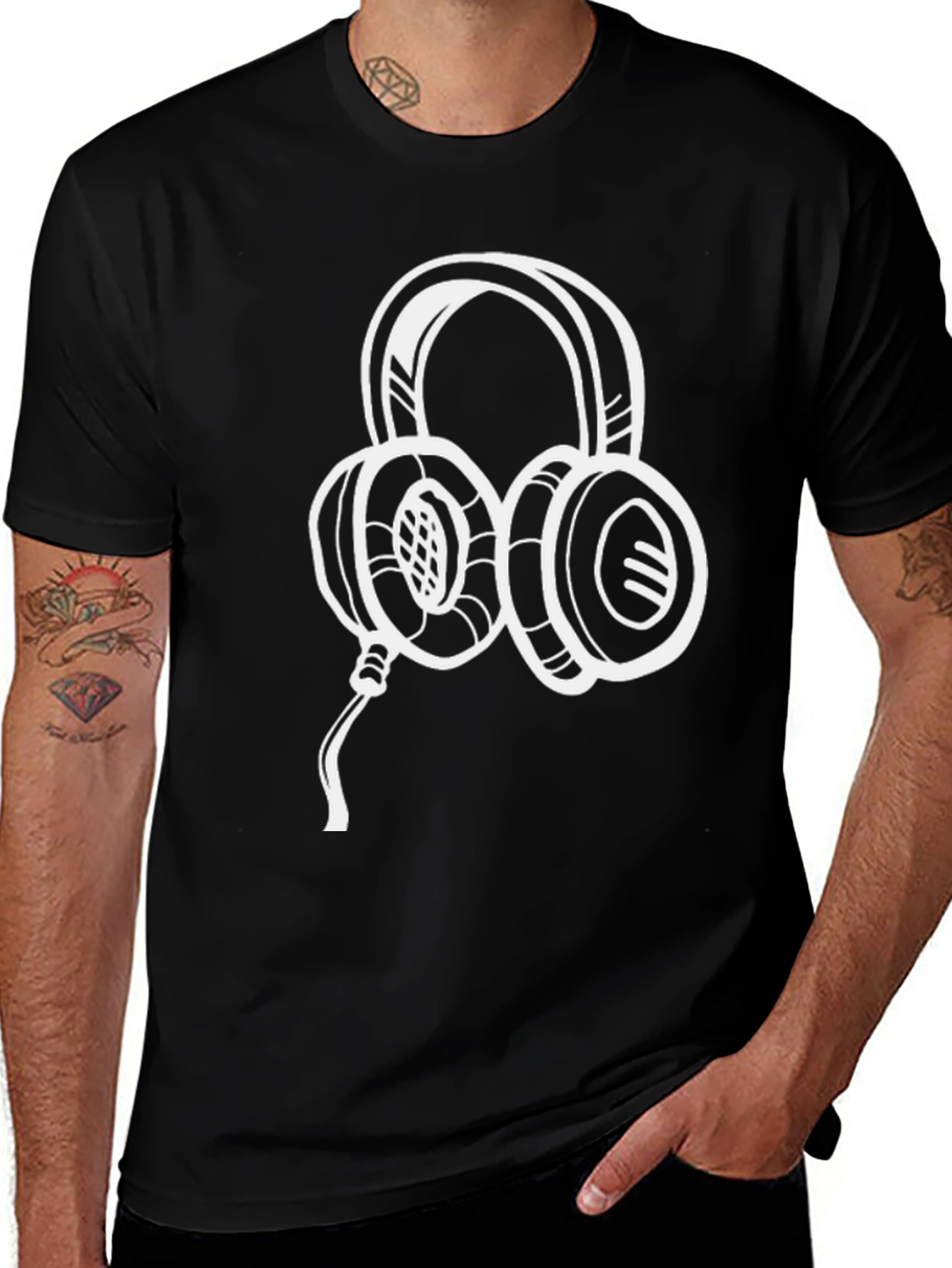 Variant 19 of Black Graphic Tee - White Headphones Design