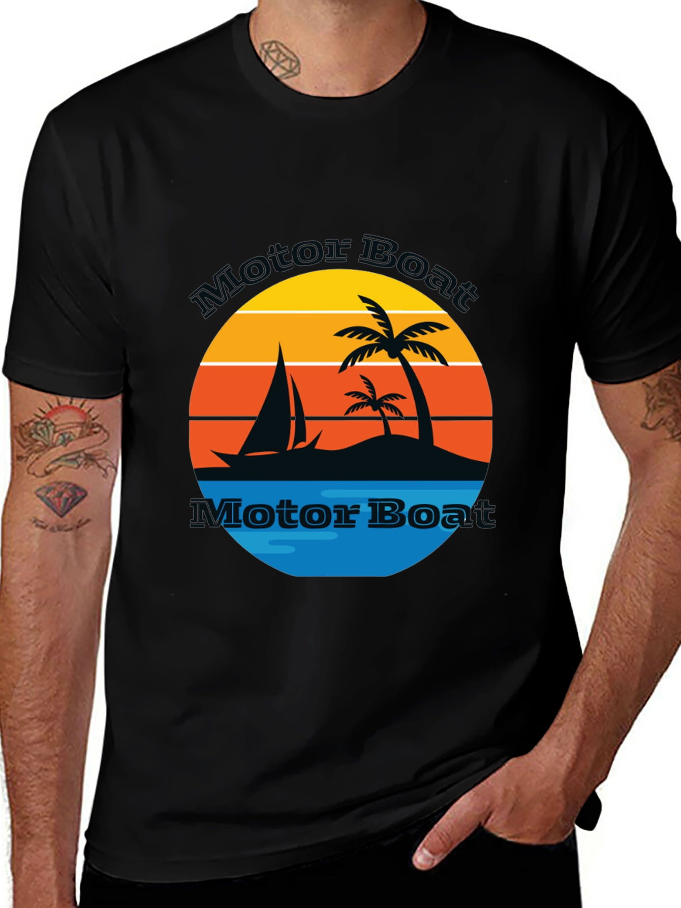 Variant 17 of Retro Motor Boat T-Shirt - Tropical Island Sailboat Design
