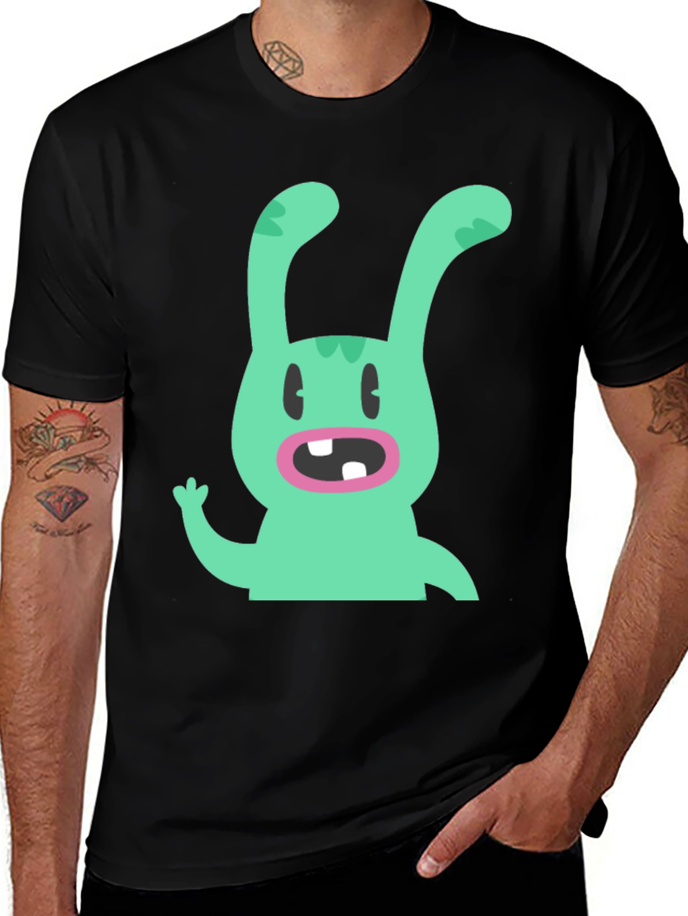 Variant 21 of Cartoon Rabbit Graphic Tee - Black Cotton T-Shirt