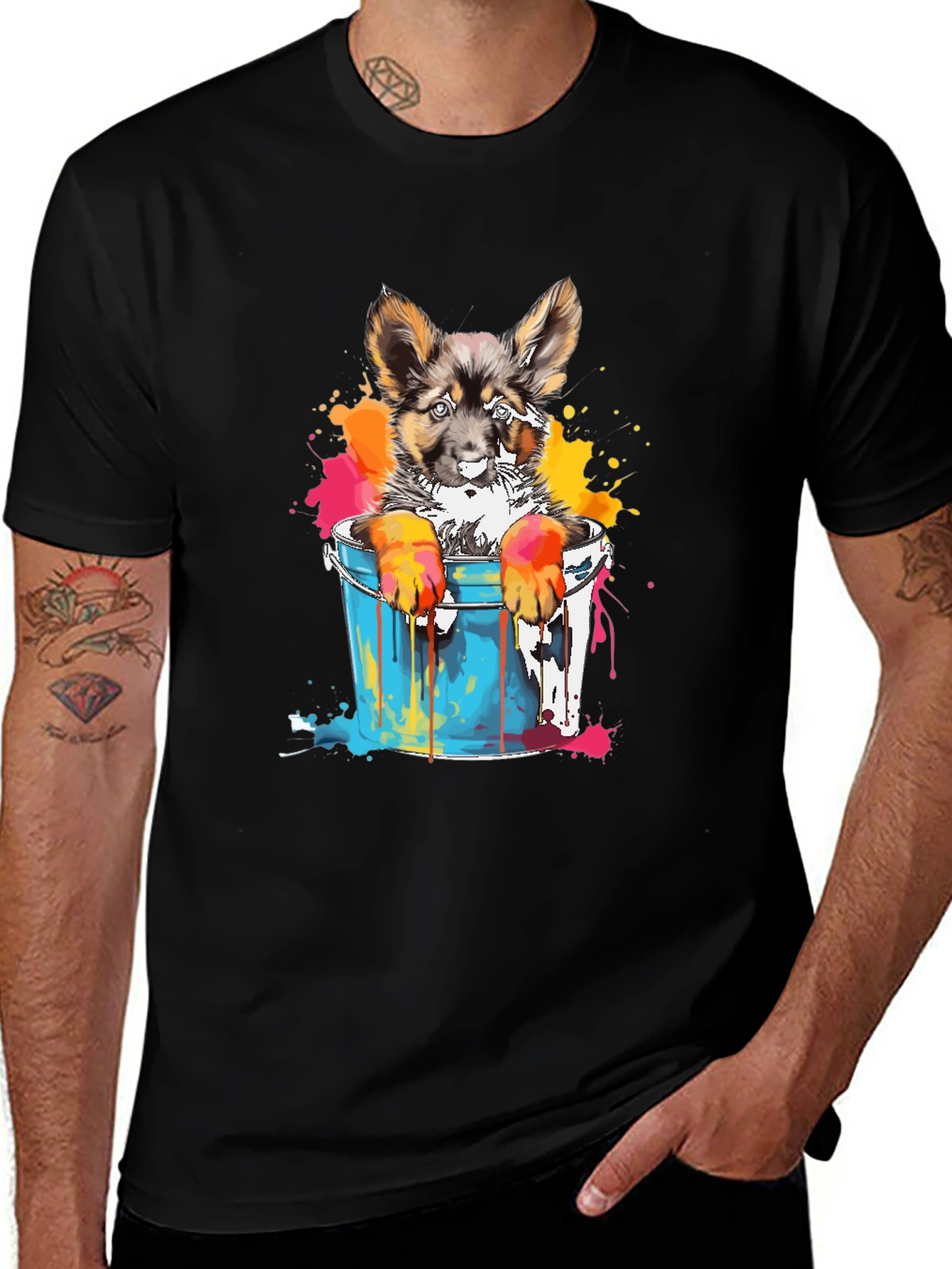 Puppy Paint Bucket Graphic Tee - Funky Dog Lover Shirt
