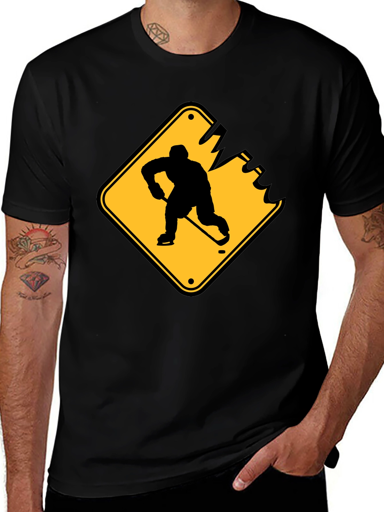 Variant 4 of Hockey Player Crossing Sign Black T-Shirt