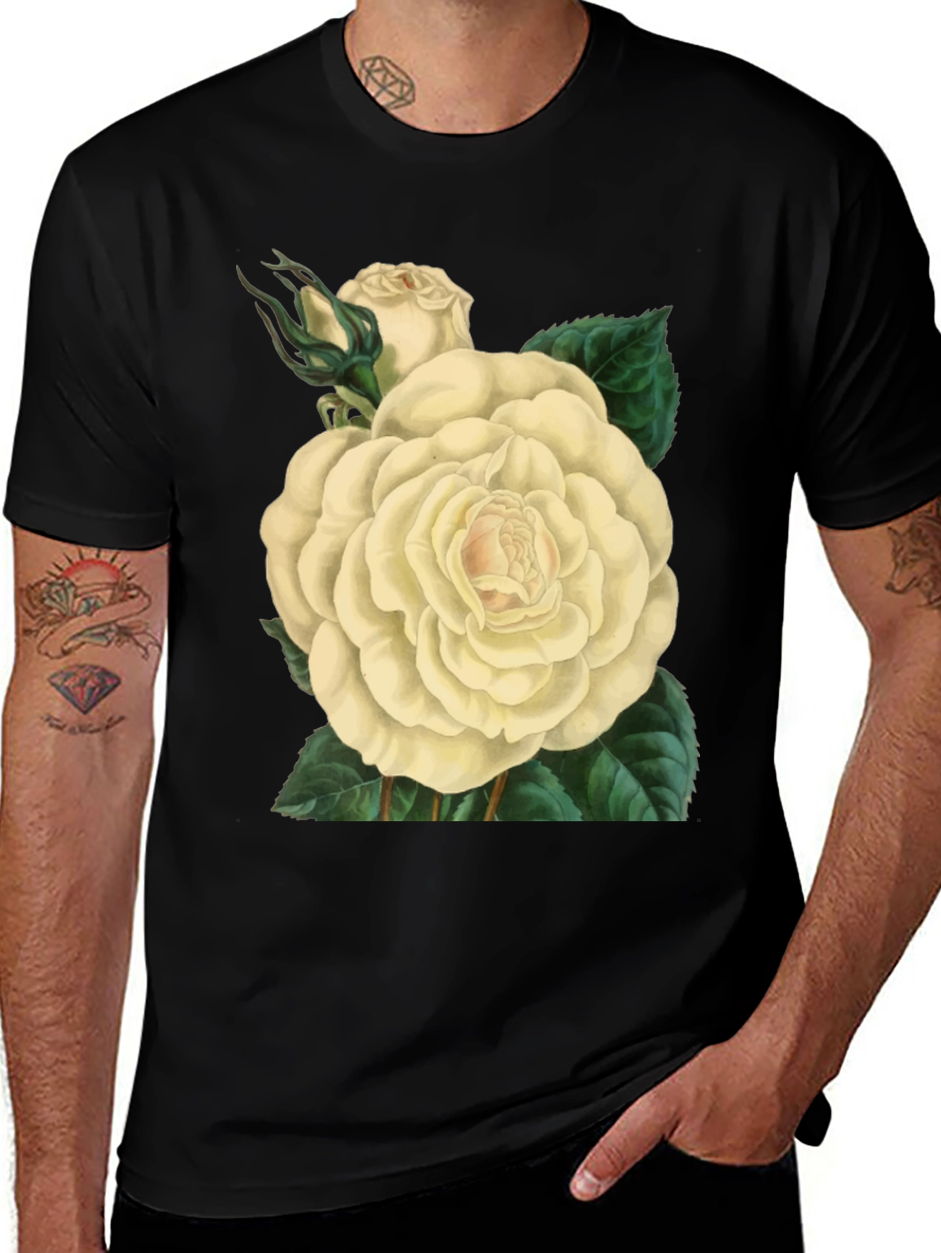 Variant 10 of Floral White Rose Graphic Print Black T-Shirt