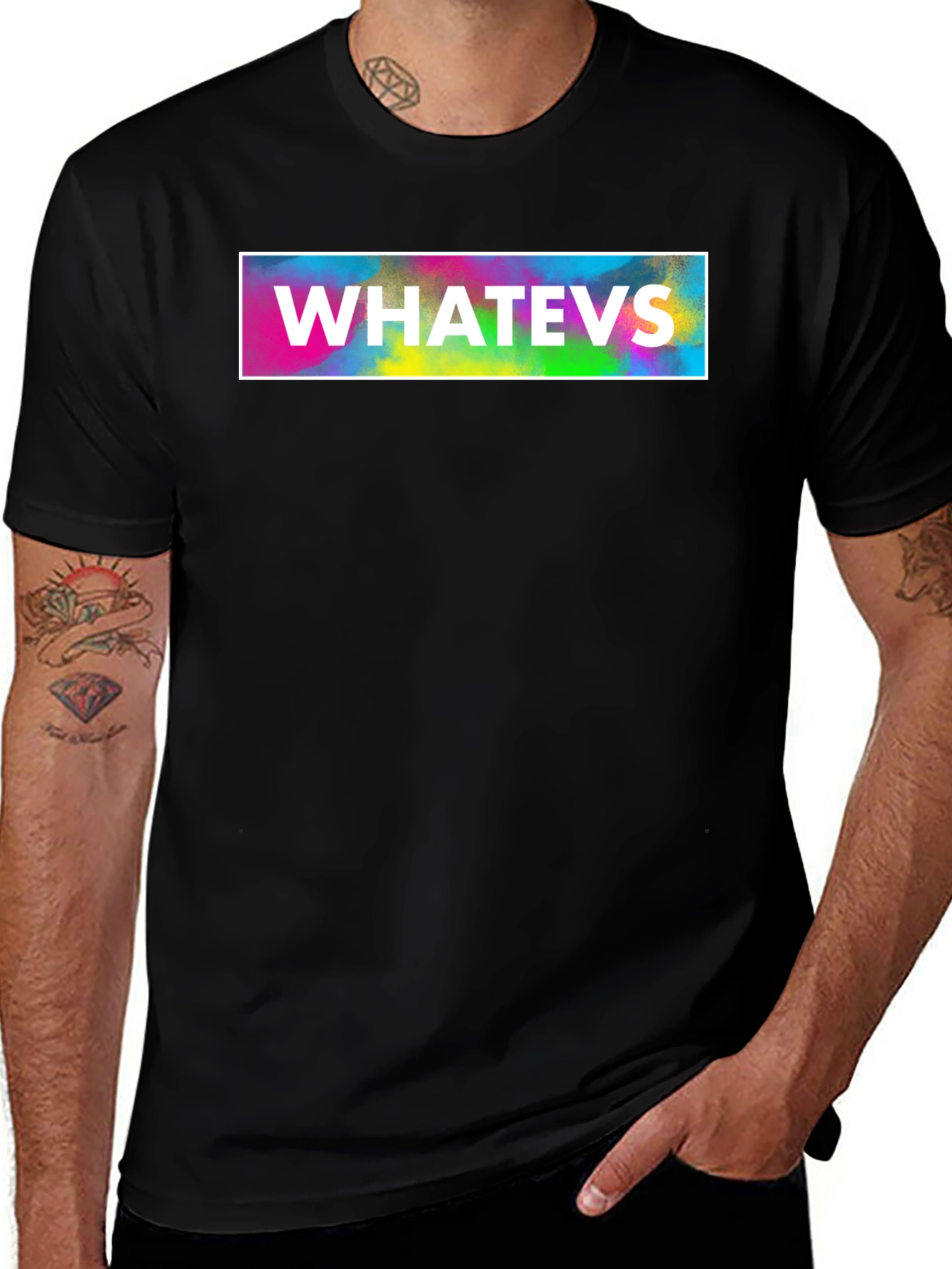 Variant 24 of WHATEVS Colorful Graphic Tee - Casual Black T-Shirt