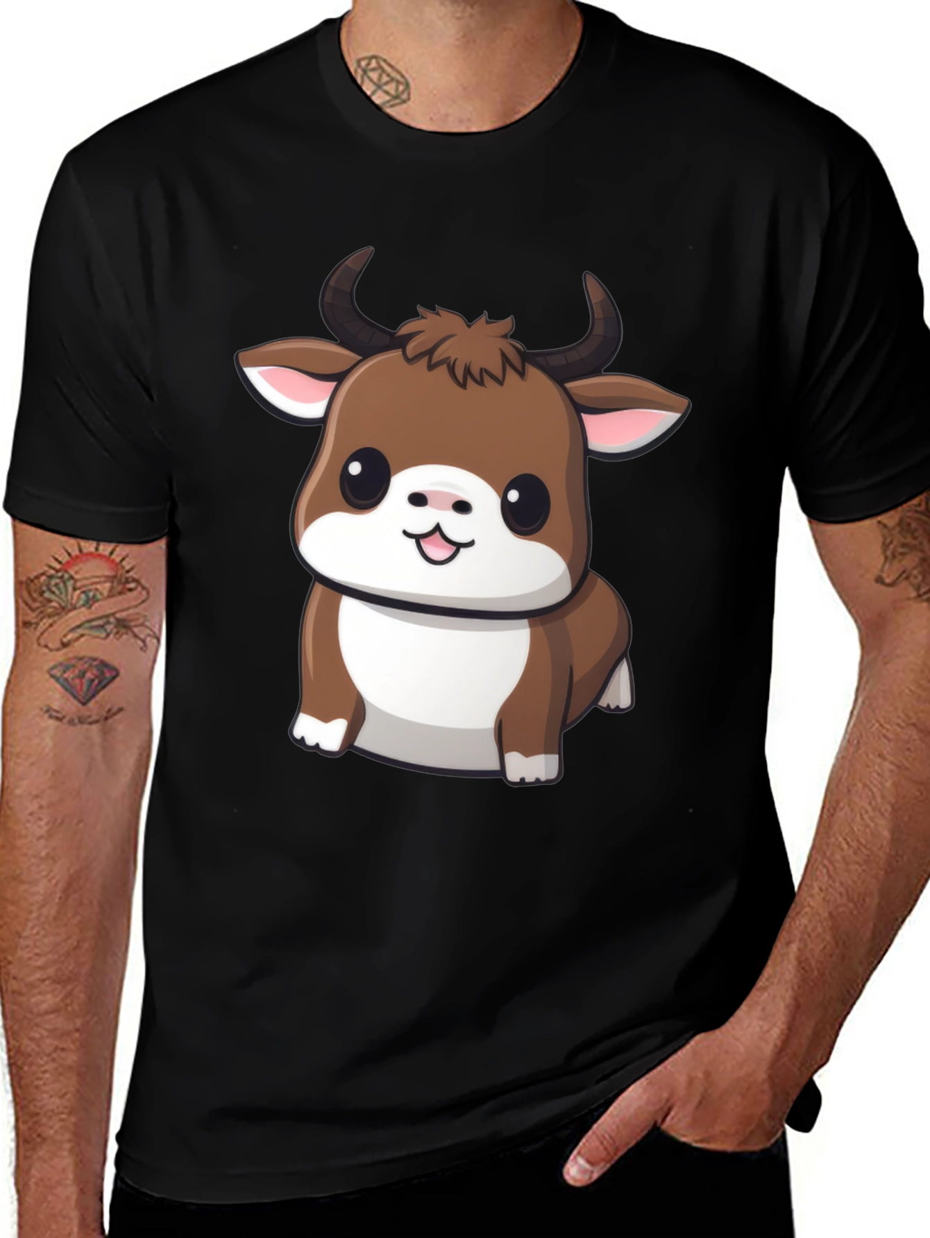 Cute Bull Cartoon Black T-Shirt