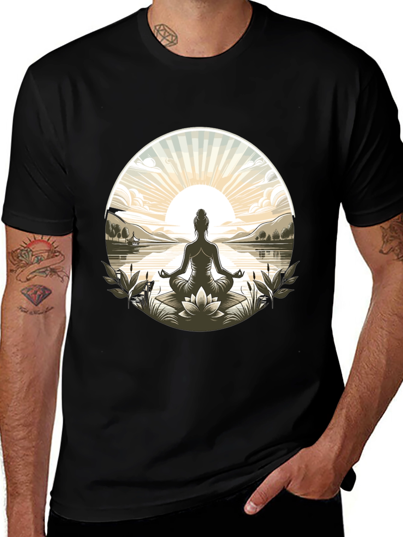 Zen Meditation T-Shirt - Sunrise Lotus Design