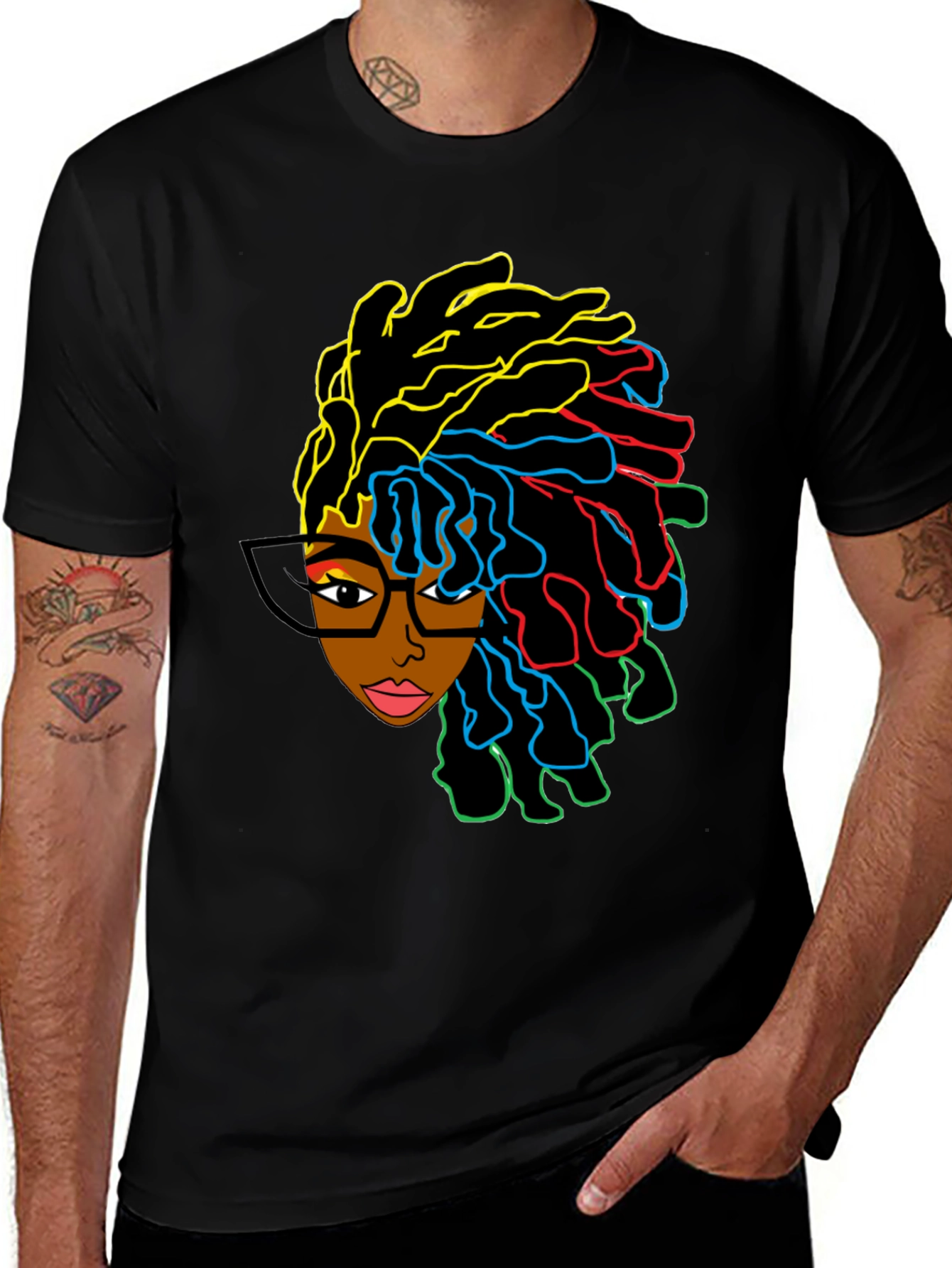 Variant 13 of Stylish Graphic Tee - Afro Woman with Colorful Dreadlocks
