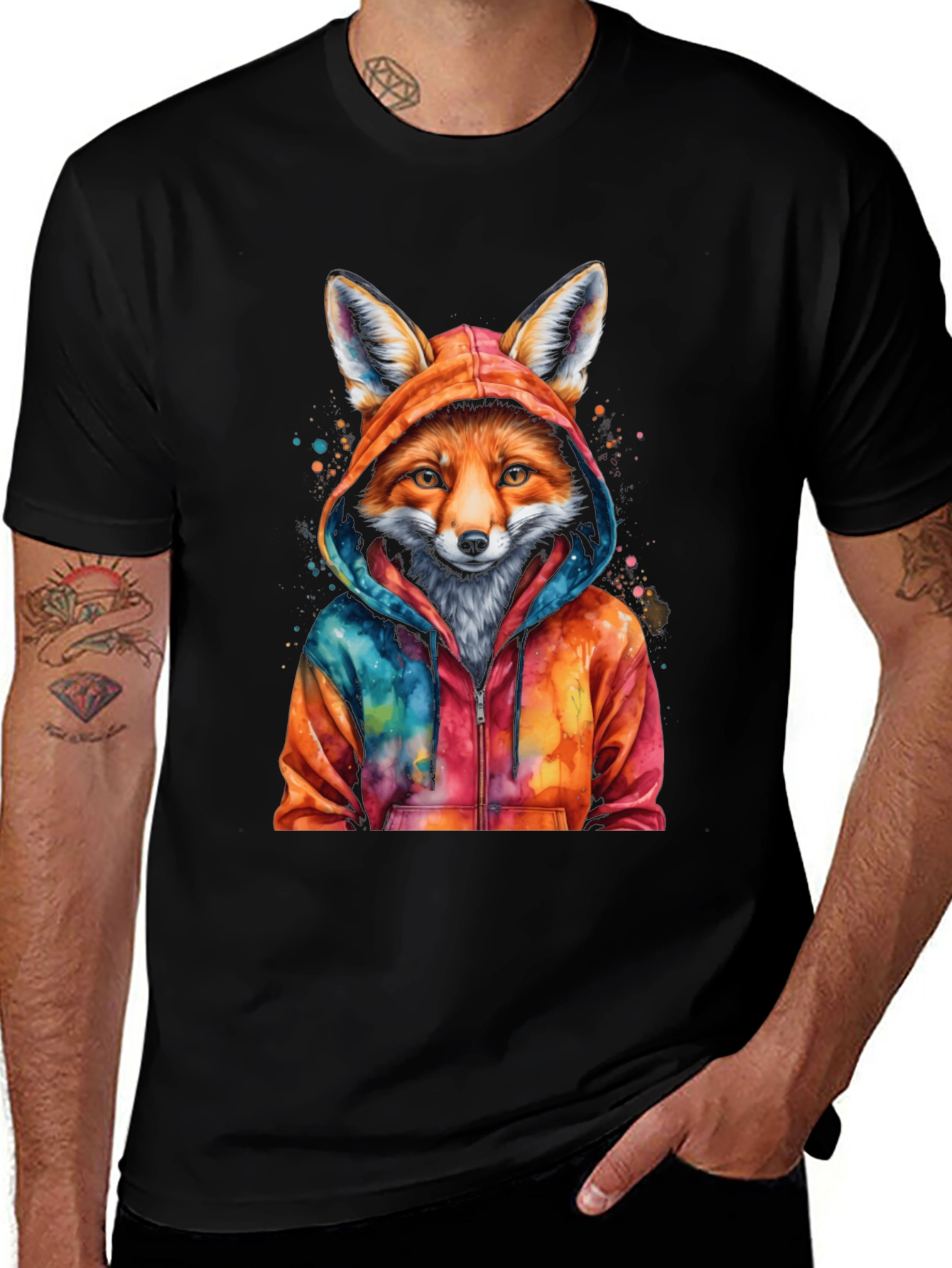 Variant 12 of Fox in Hoodie Graphic Tee - Men's Black T-Shirt