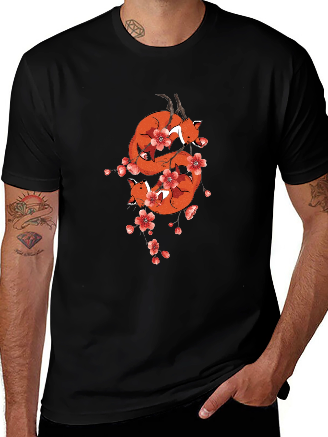 Variant 16 of Fox & Cherry Blossom Black T-Shirt