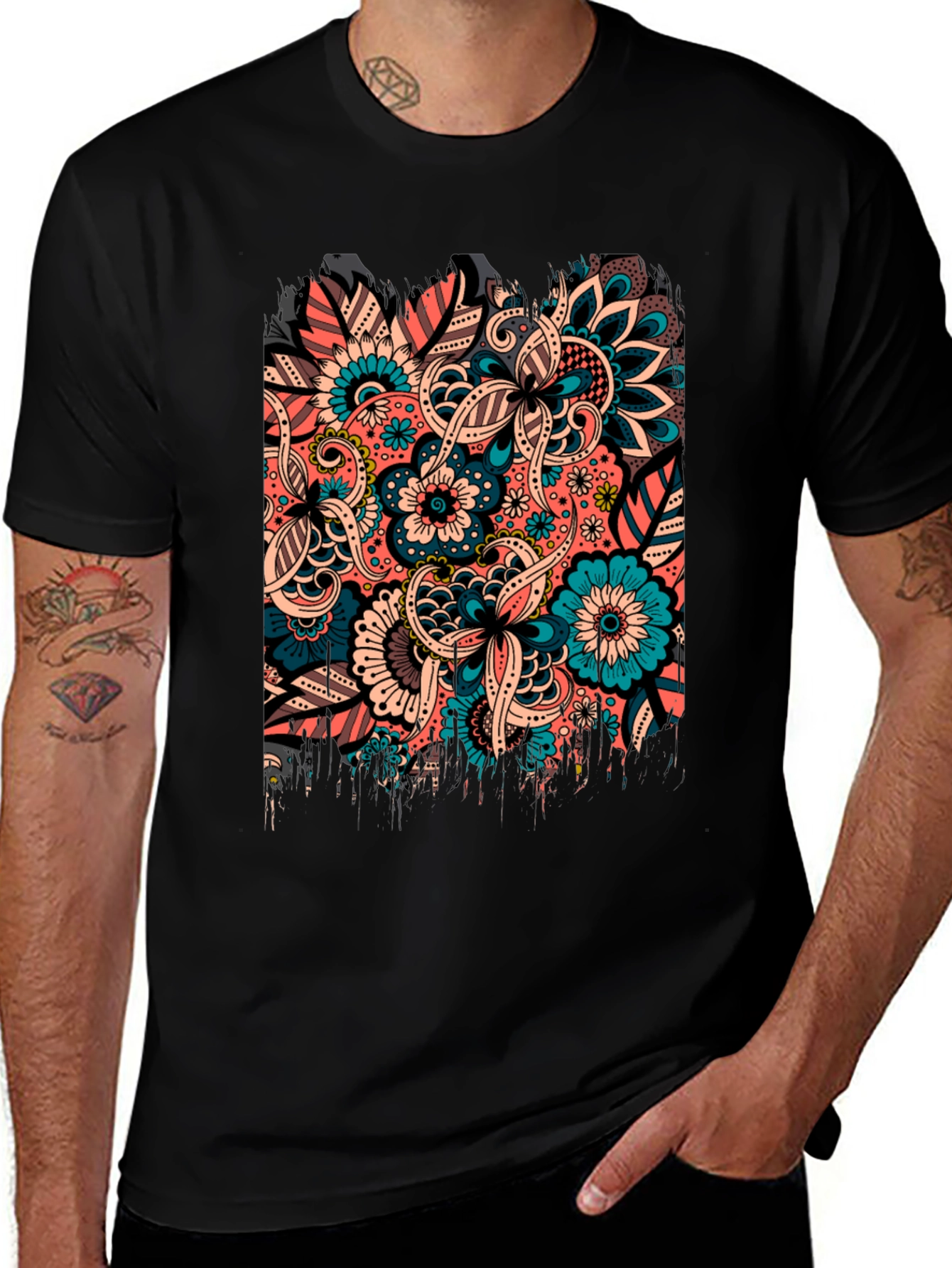 Variant 29 of Floral Print Men's Black T-Shirt