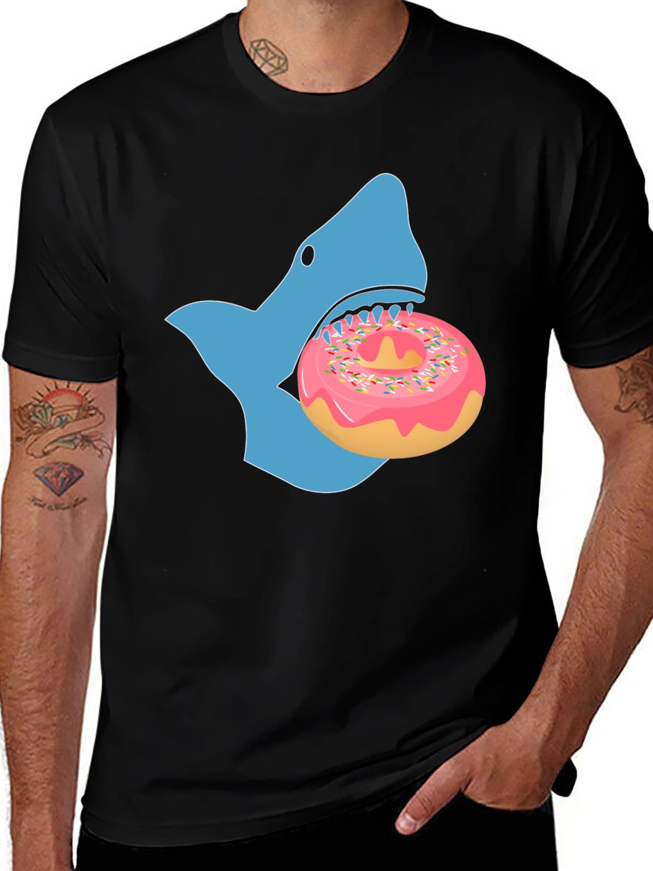 Variant 19 of Shark Eating Donut Graphic Tee - Black