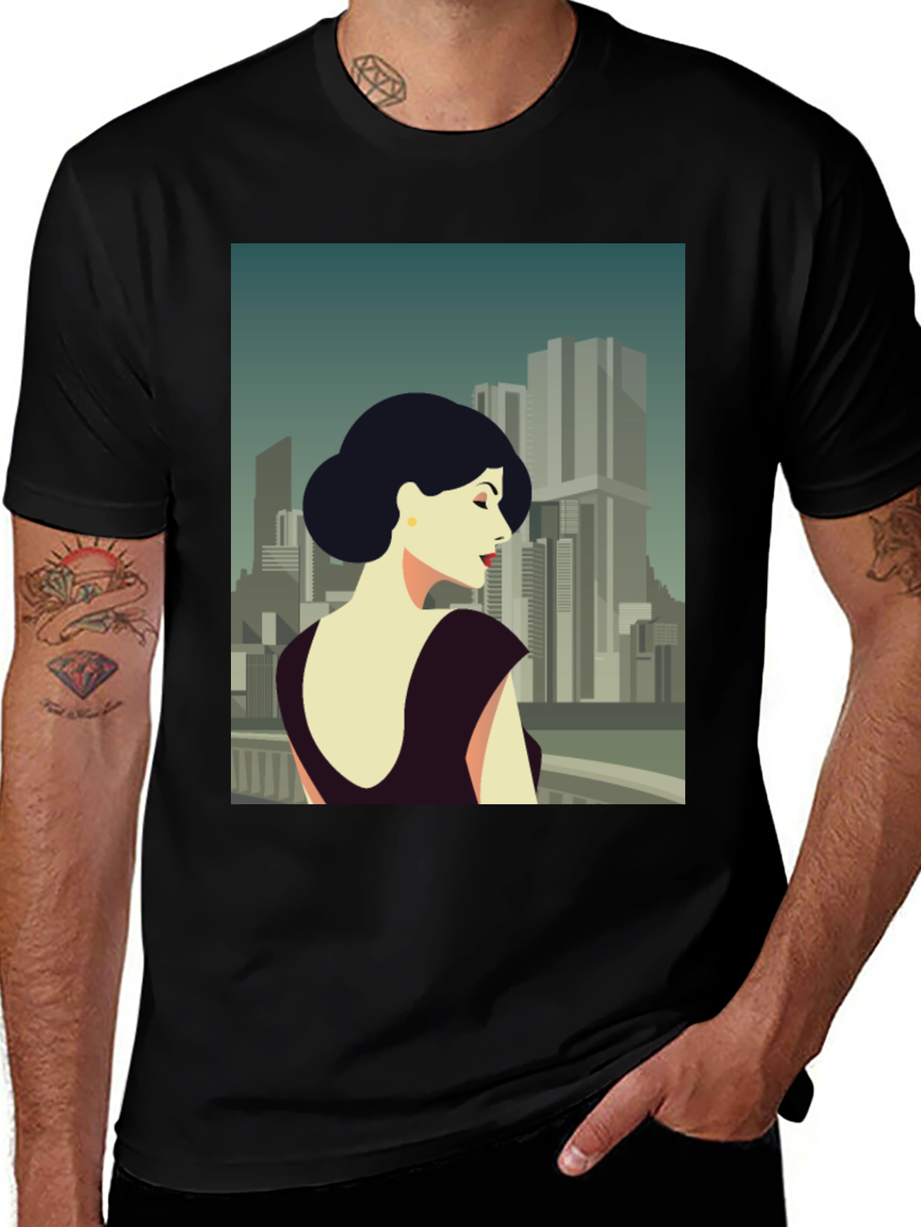 Variant 11 of Retro Cityscape Woman Graphic Tee - Black Cotton T-Shirt