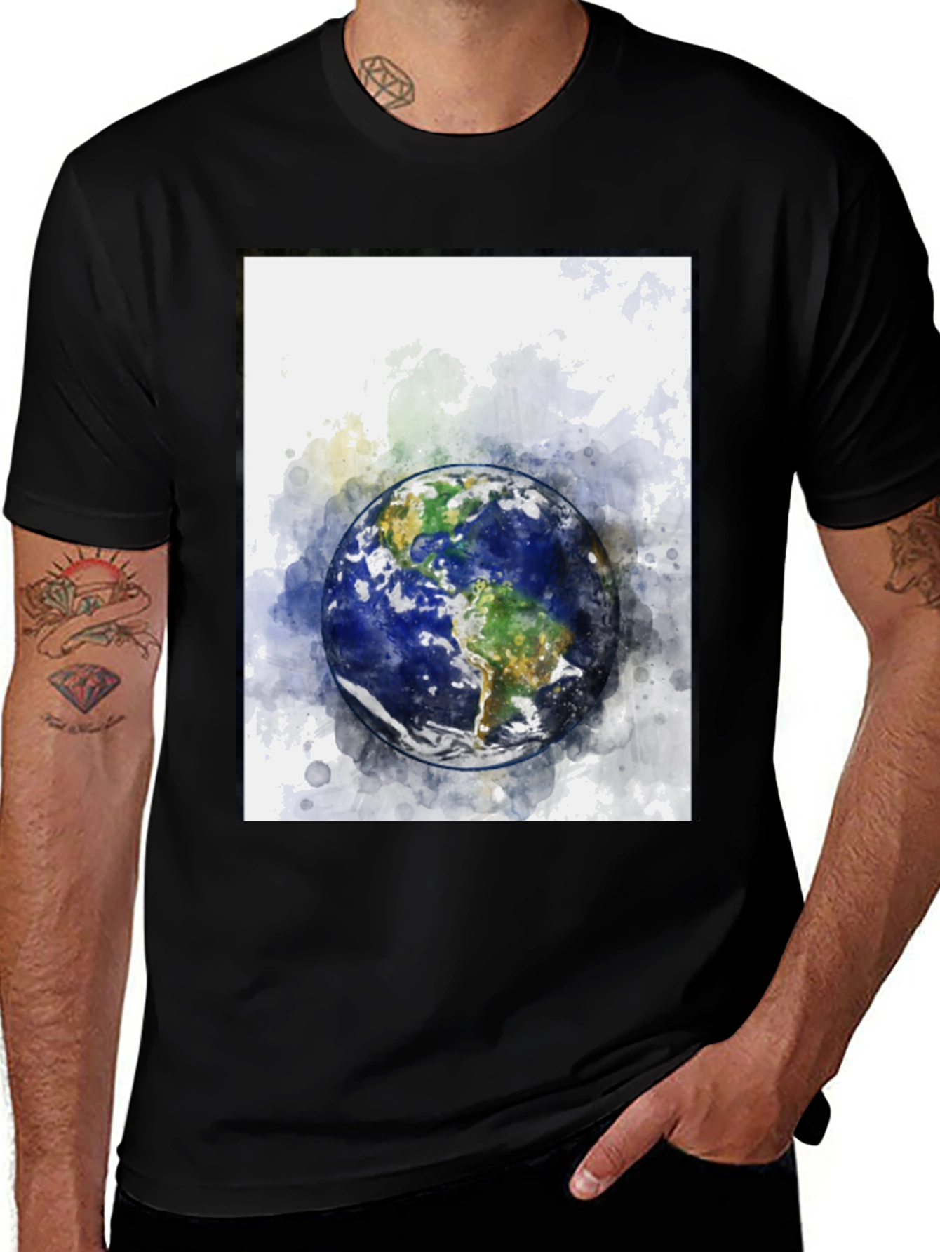 Earth Watercolor Graphic Tee - Black Cotton Blend