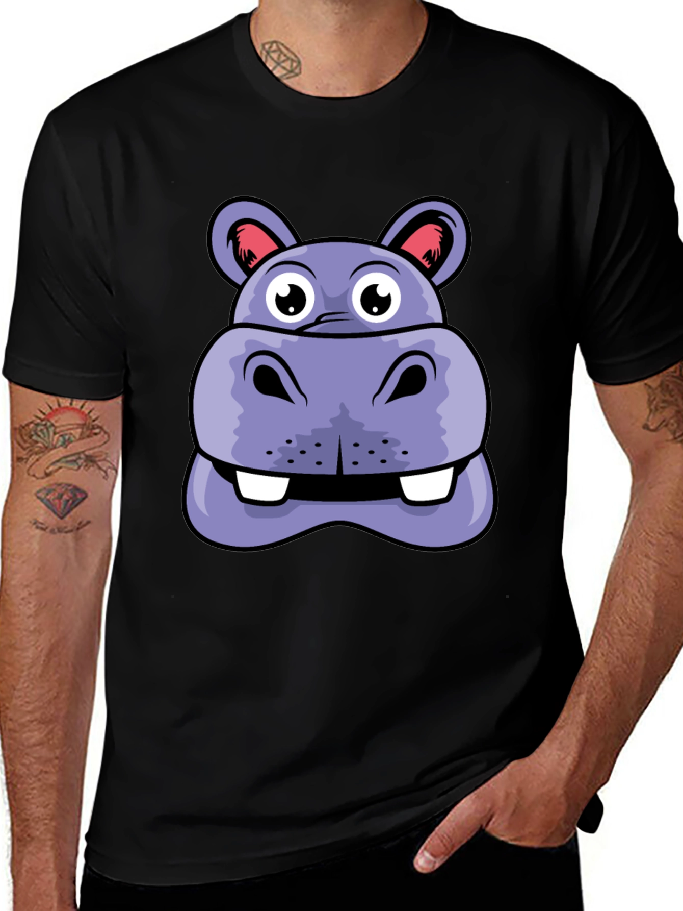 Variant 3 of Hippo Face Graphic Tee - Cartoon Animal Black T-Shirt