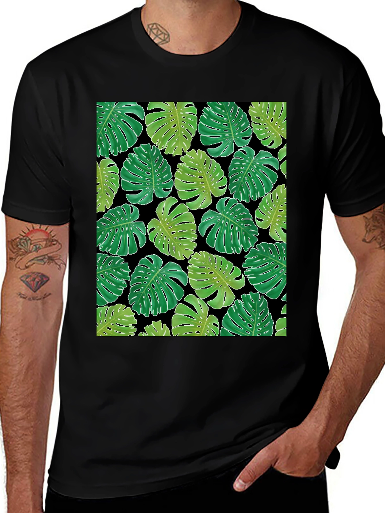 Variant 17 of Tropical Monstera Leaf Print Black T-Shirt
