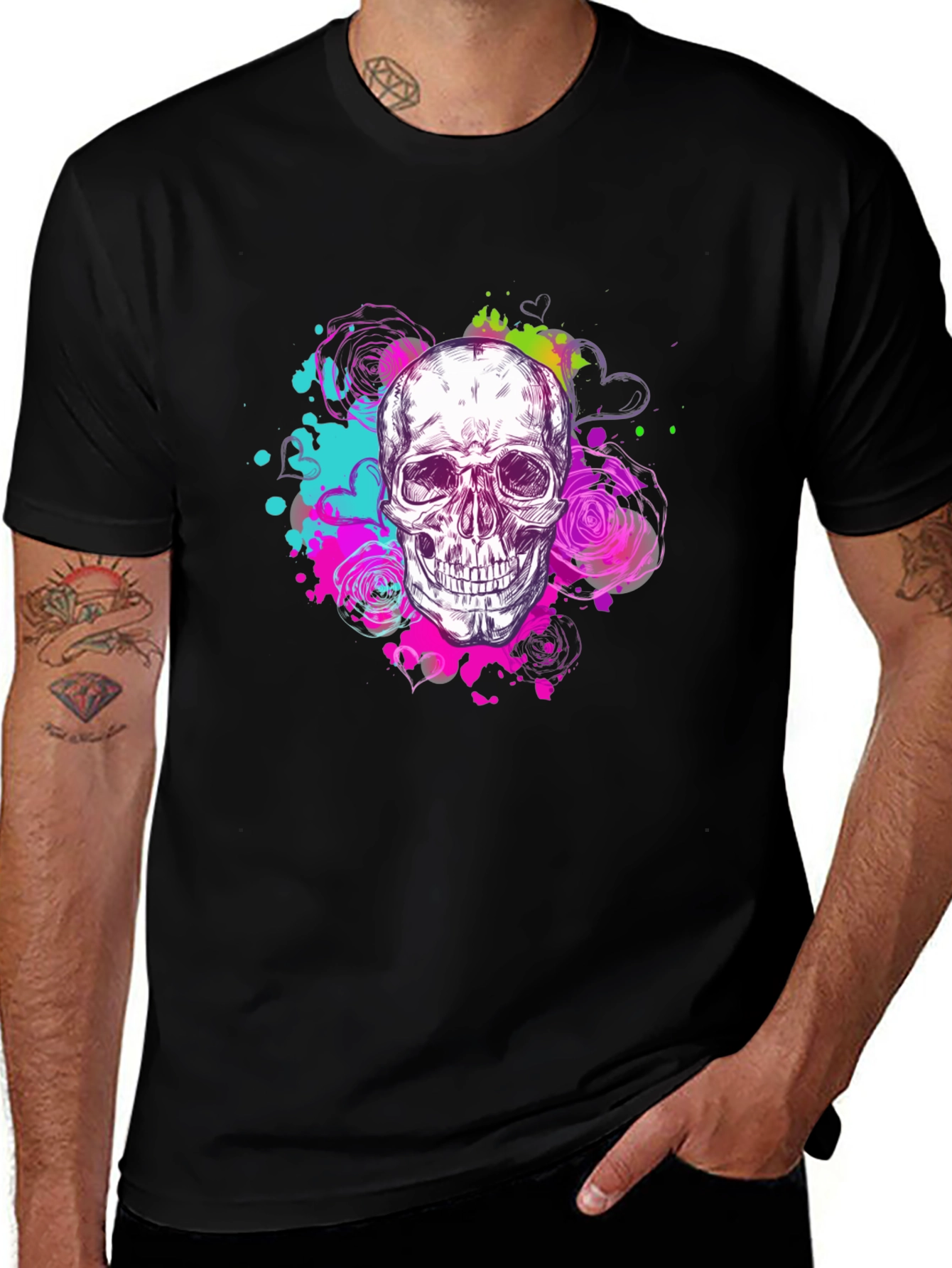 Variant 5 of Skull & Roses Graphic Print Black T-Shirt