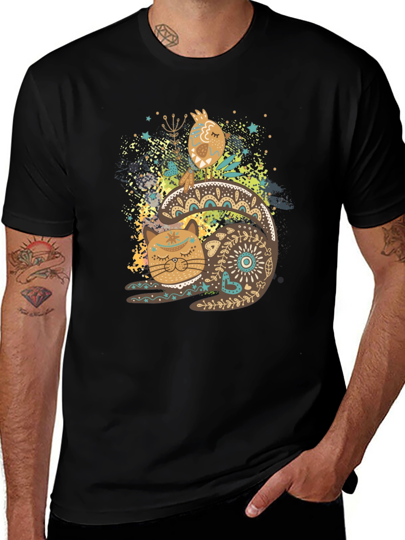 Variant 4 of Artistic Cat & Bird Graphic T-Shirt