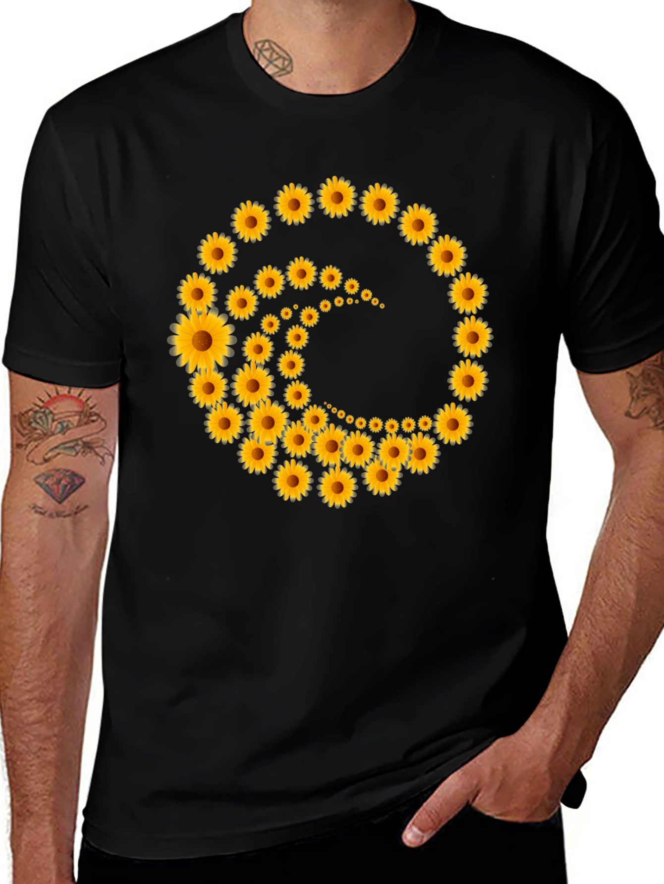Sunflower Spiral Black T-Shirt - Nature Inspired Design