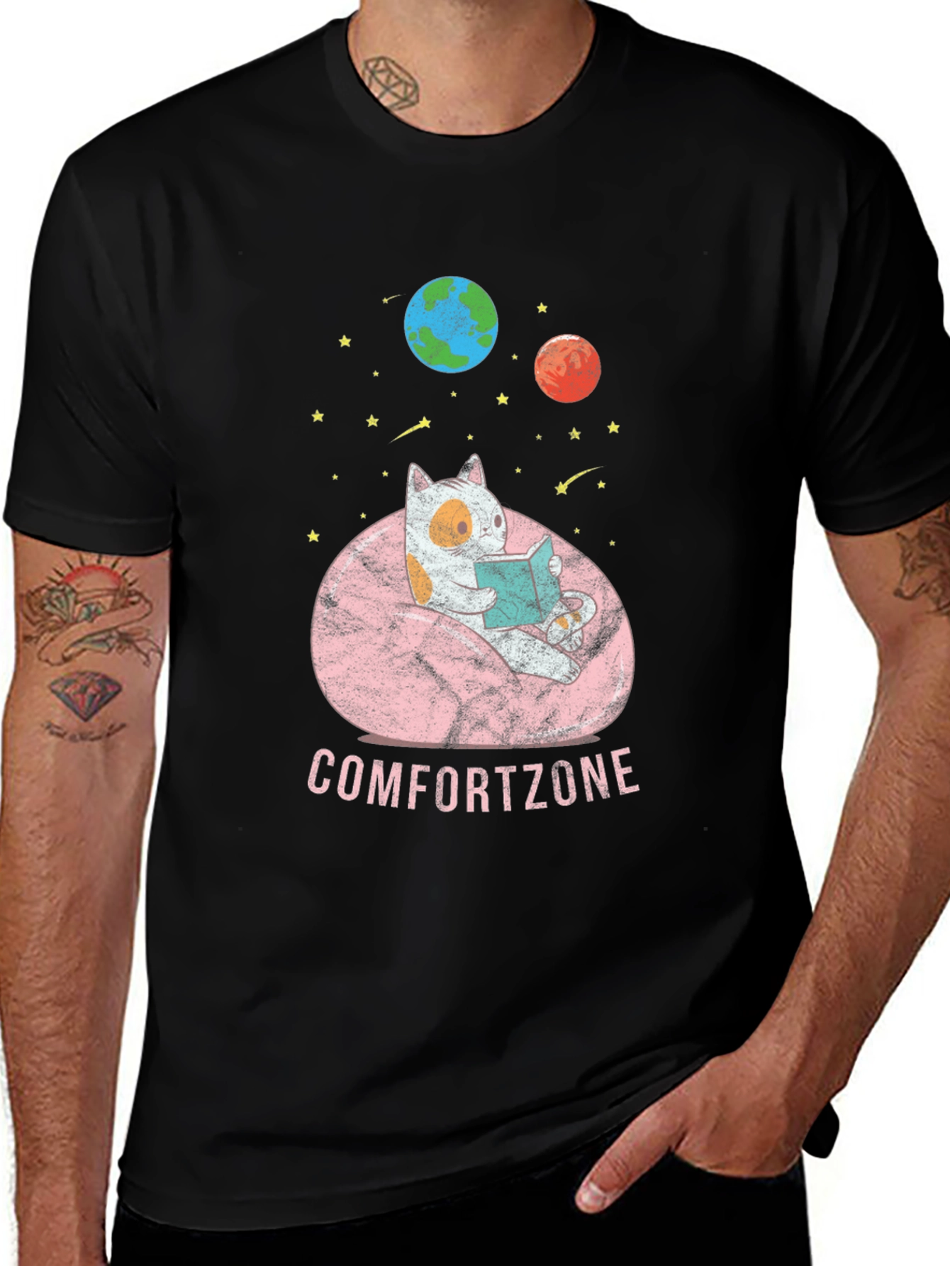 Variant 2 of Comfort Zone Cat Reading in Space T-Shirt