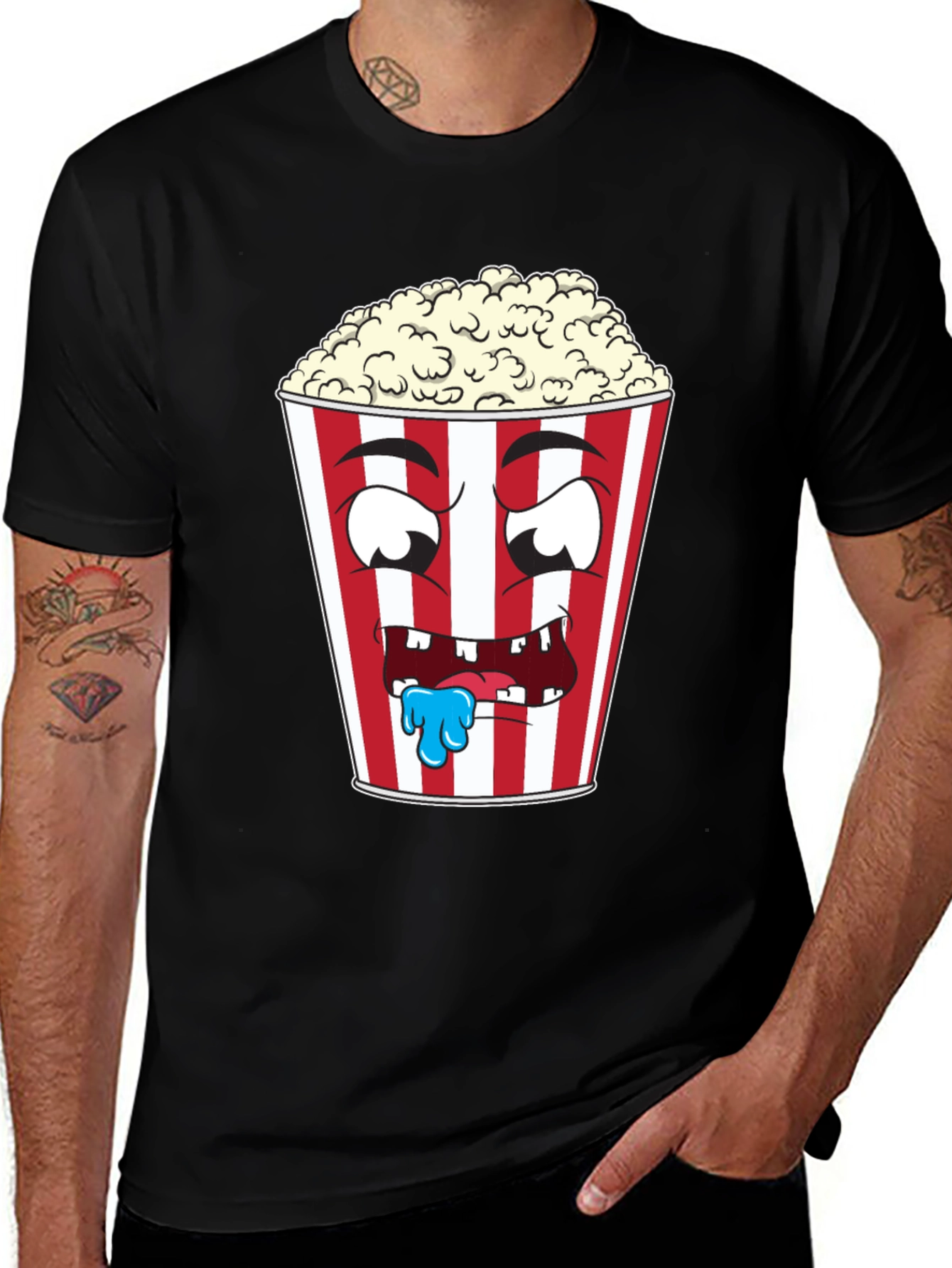 Variant 2 of Funny Popcorn Cartoon Graphic Black T-Shirt