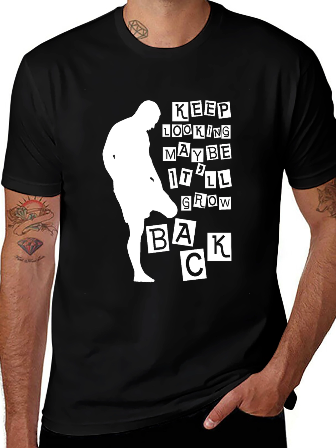 Black Funny Bald Man T-Shirt - Keep Looking, Maybe It'll Grow Back main image