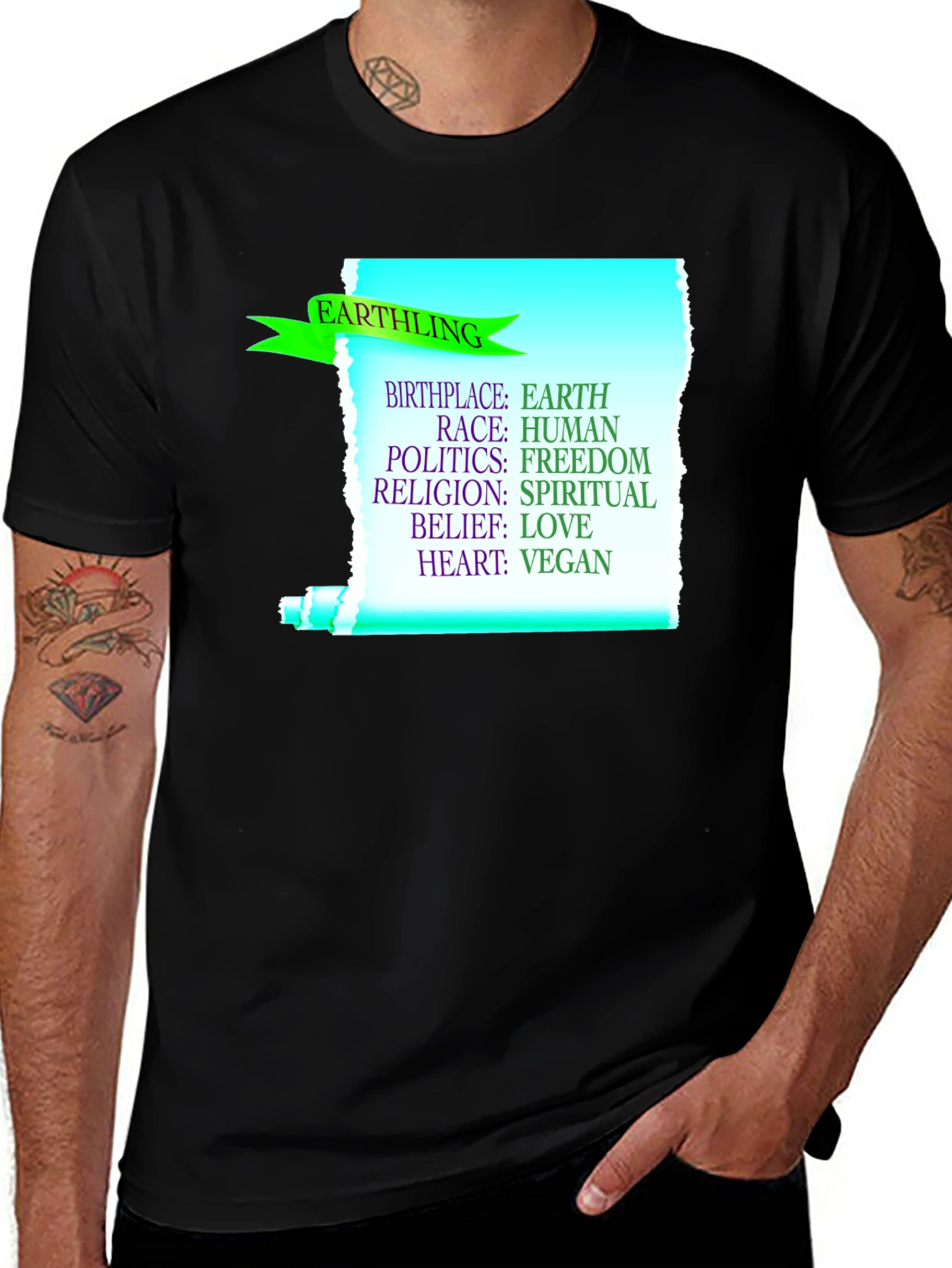 Black Earthling Vegan T-Shirt - Earth, Human, Freedom, Love main image