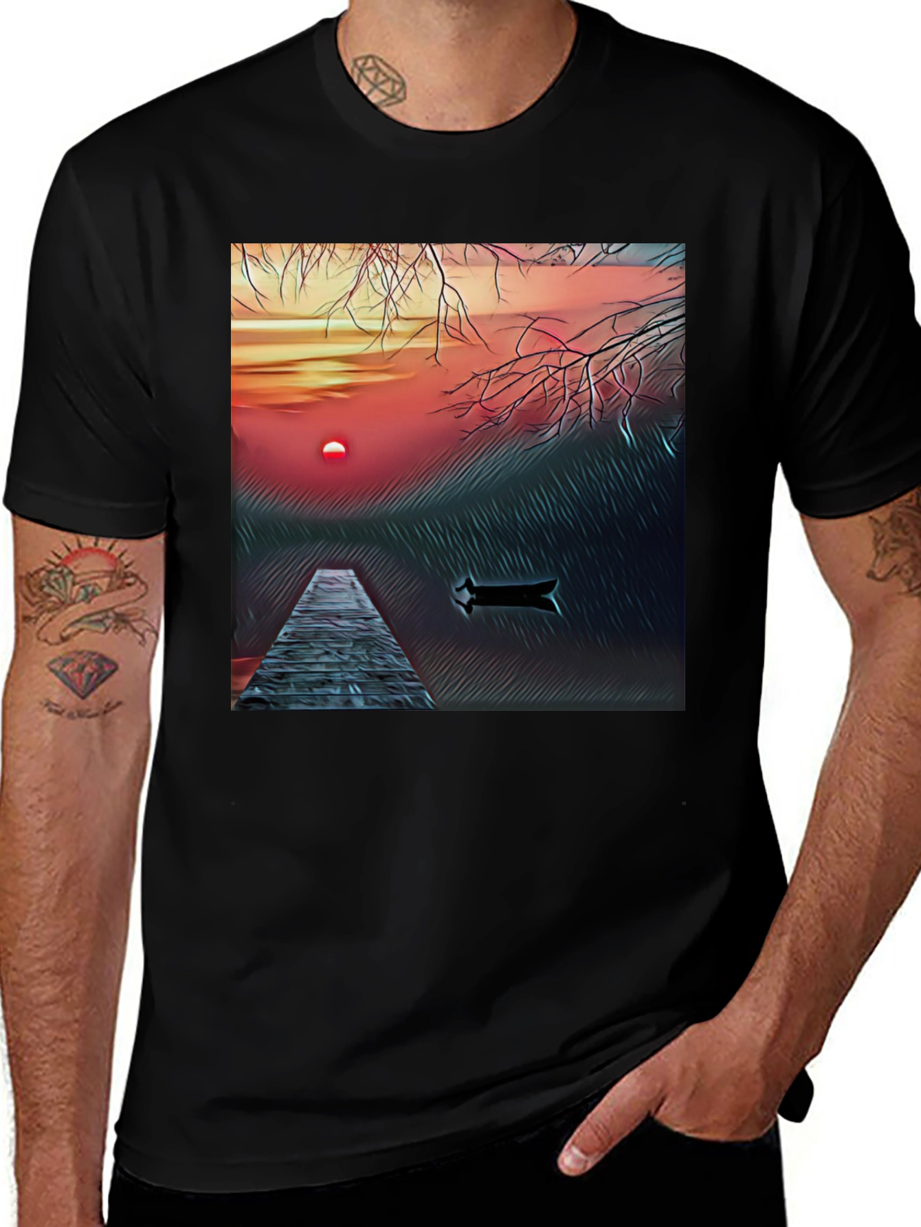 Variant 30 of Sunset Lake Graphic Tee - Black Cotton Blend T-Shirt