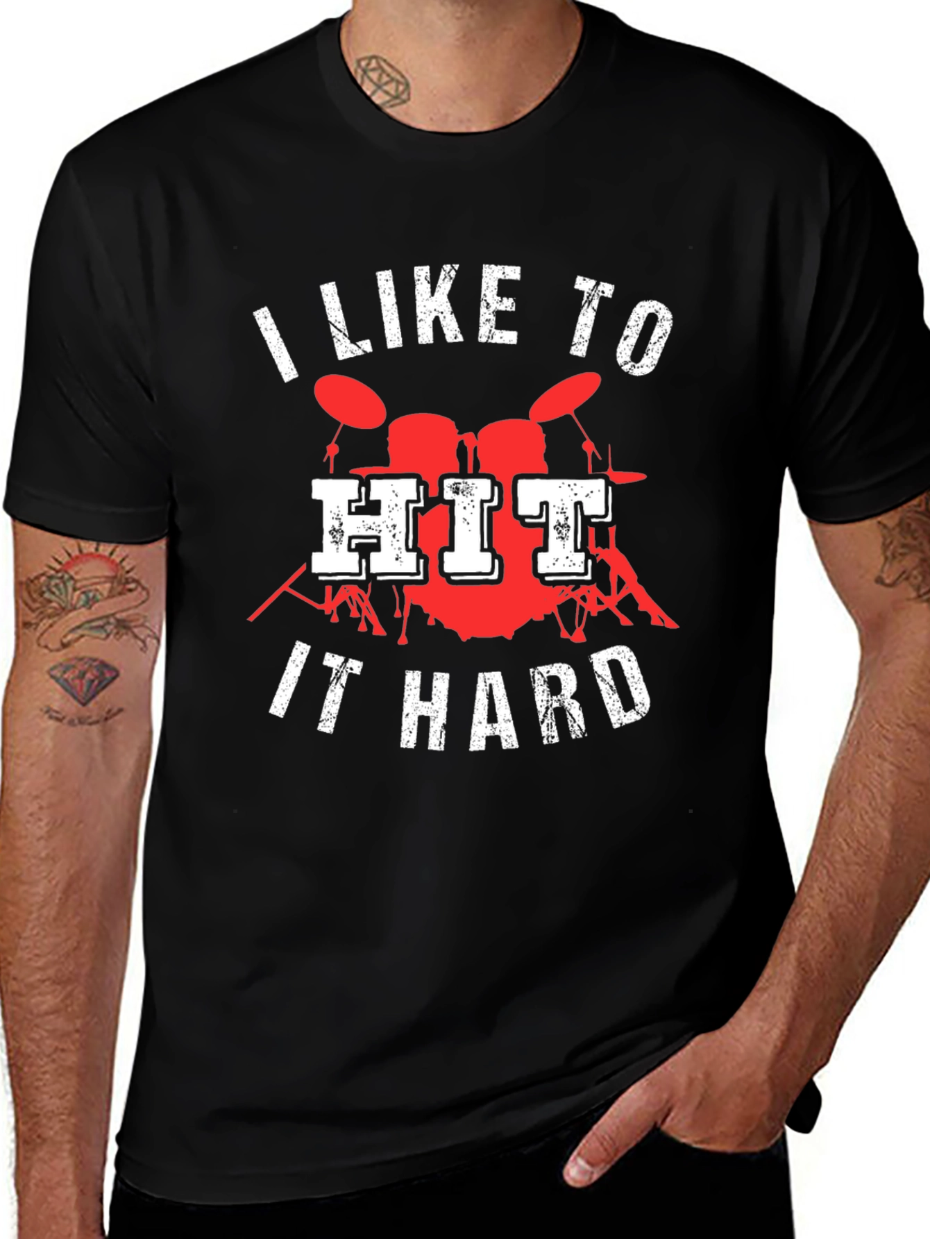 Black I Like to Hit It Hard Drummer T-Shirt main image