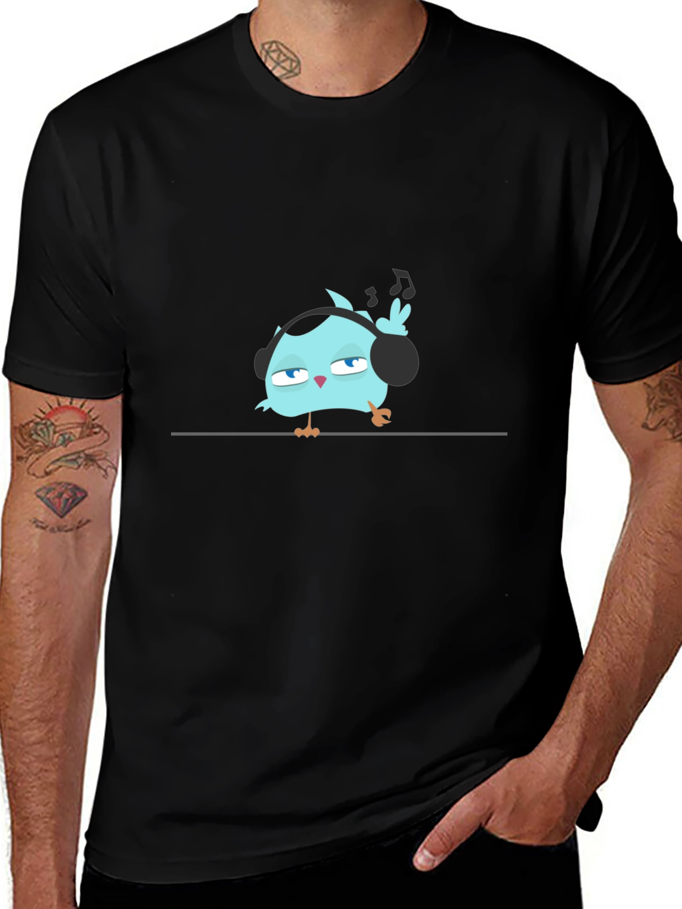 Black Cool Bird in Headphones Black T-Shirt main image