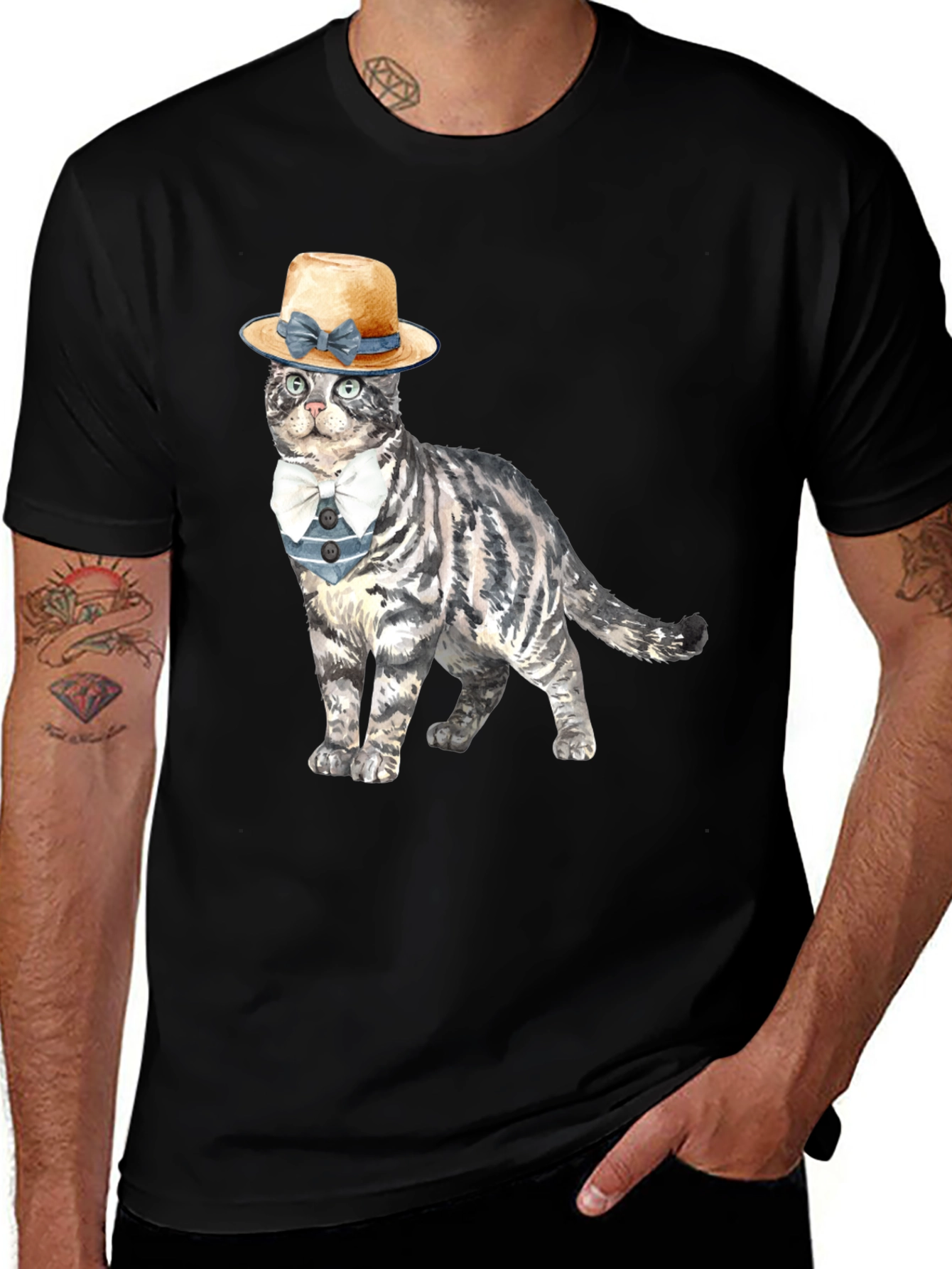 Variant 4 of Dapper Cat Tee - Black T-Shirt with Cat Graphic