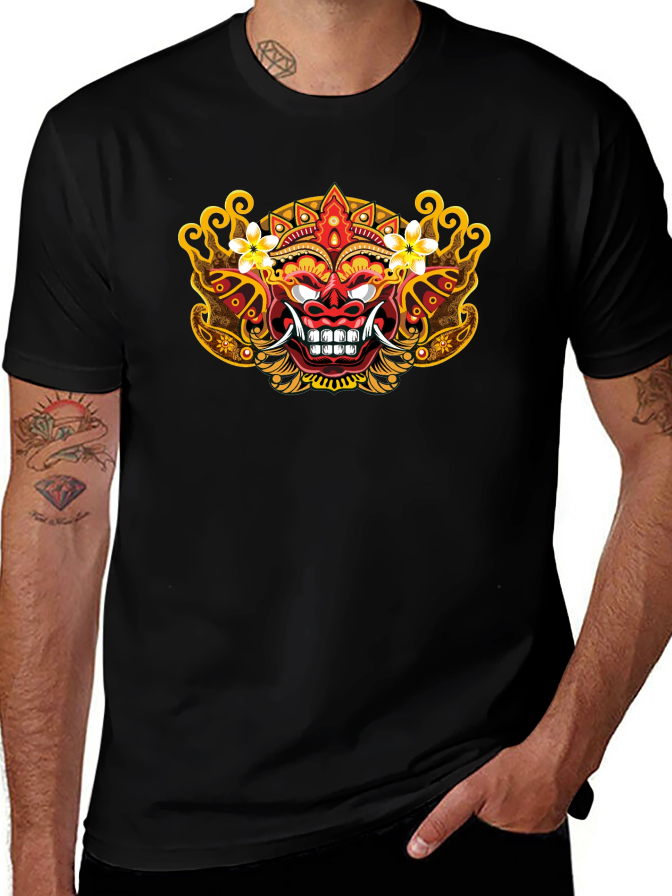 Variant 6 of Black T-Shirt with Balinese Mask Design