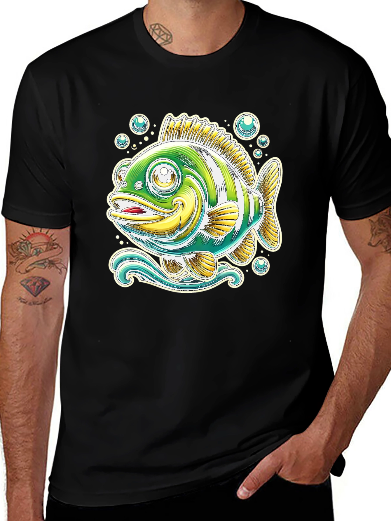 Variant 16 of Cartoon Fish Graphic Tee - Black Cotton T-Shirt