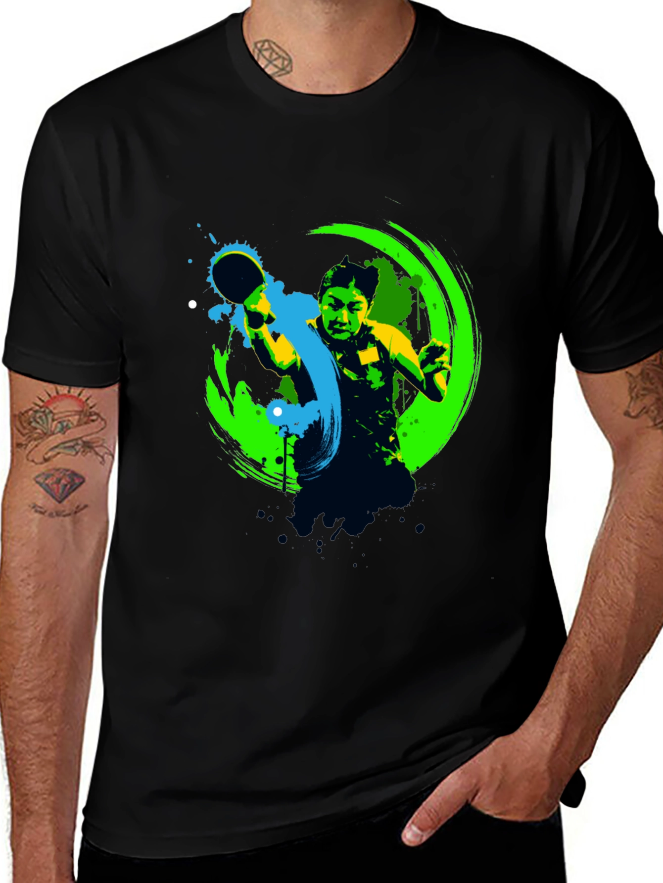 Ping Pong Player Graphic Black T-Shirt