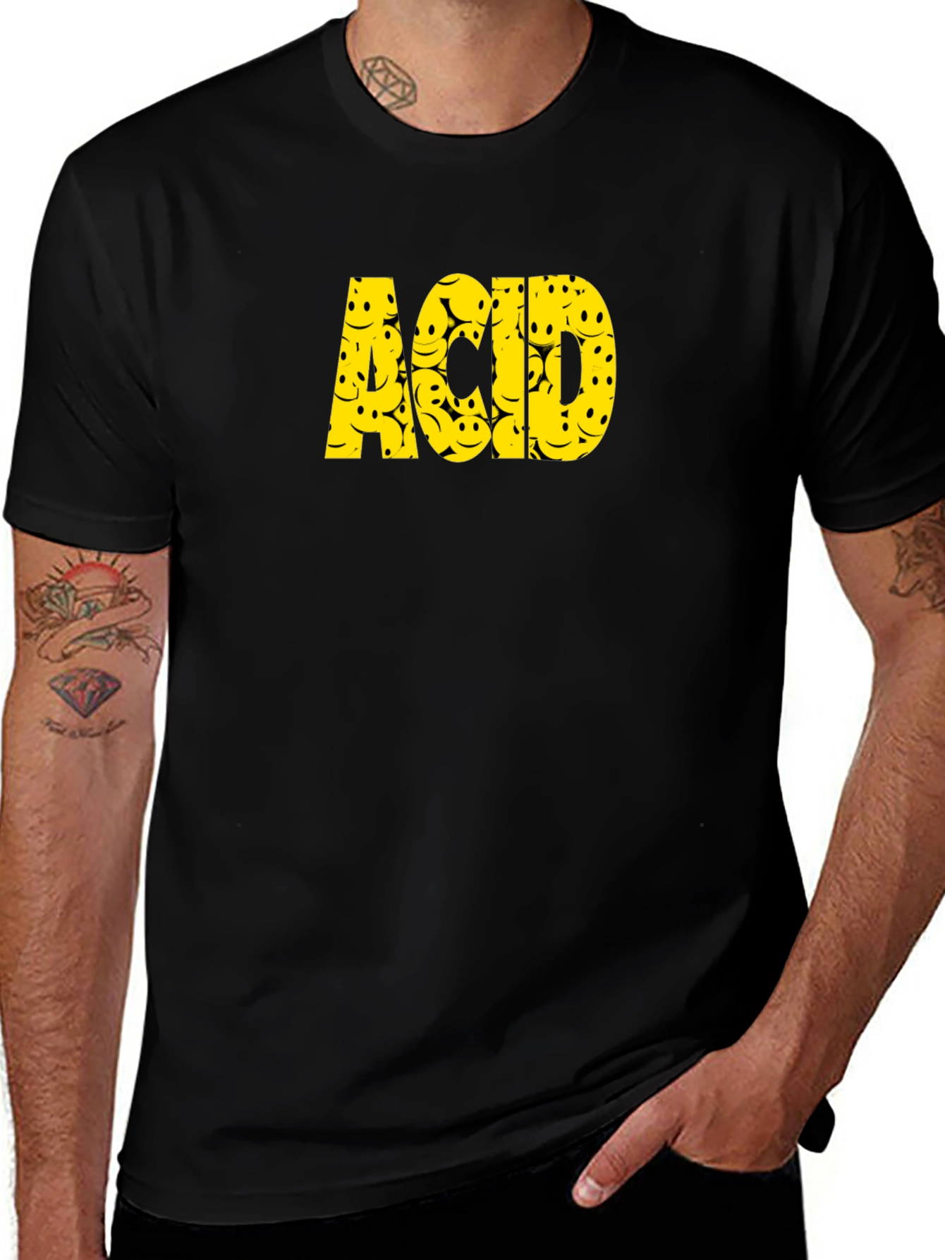 Variant 28 of Acid Smiley Face Graphic Tee - Black Cotton T-Shirt