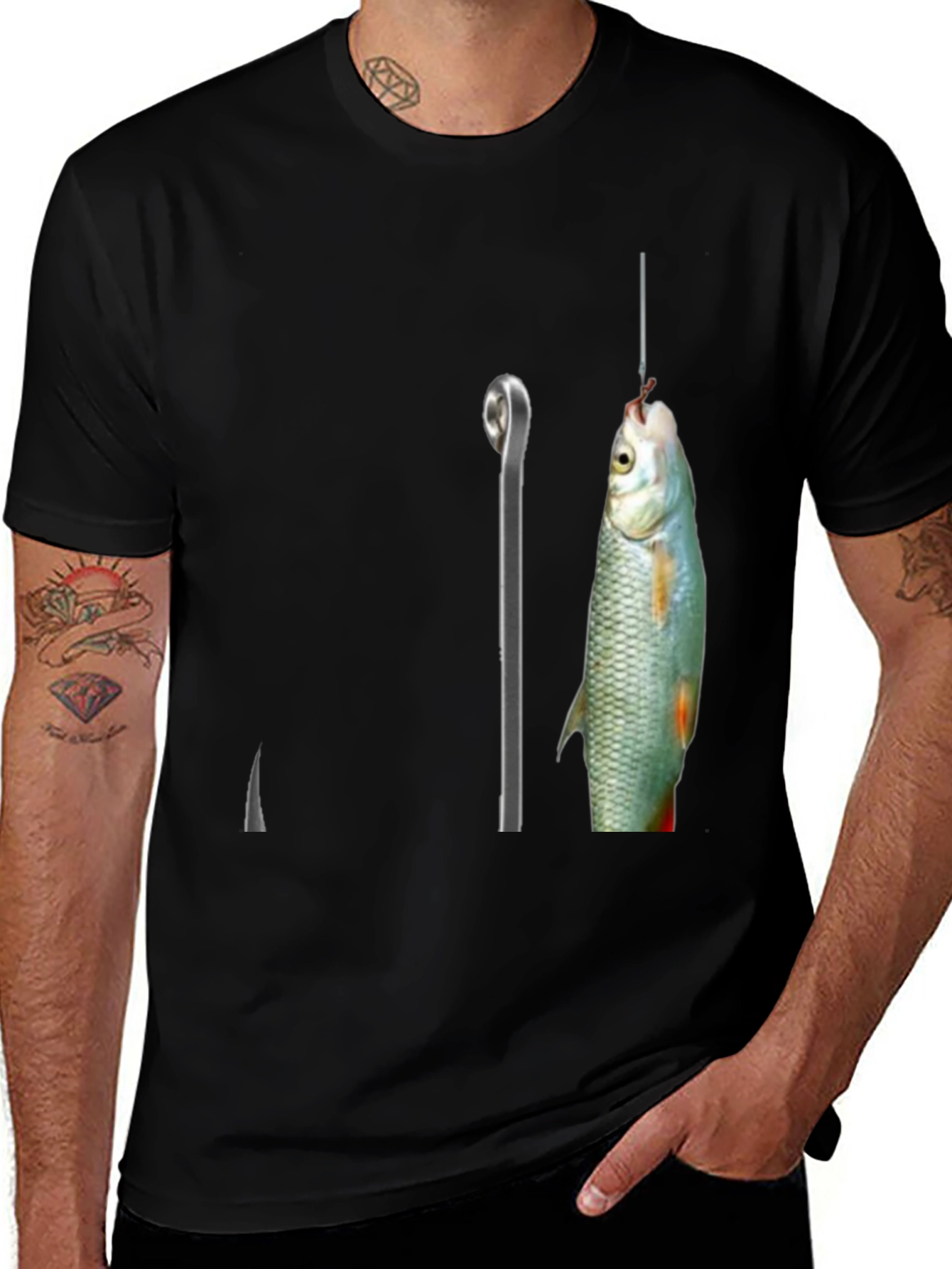 Variant 6 of Fishing Hook Graphic Tee - Black Cotton Blend T-Shirt