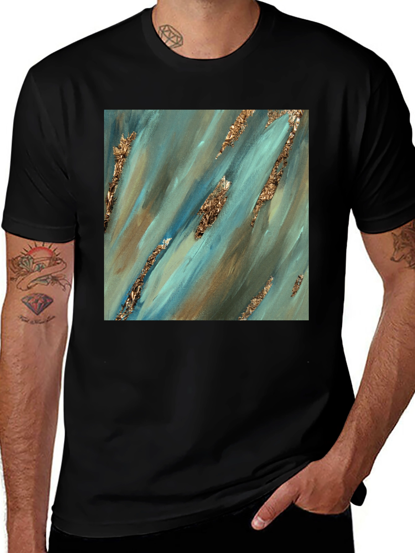 Variant 16 of Abstract Art Tee - Gold & Teal Design