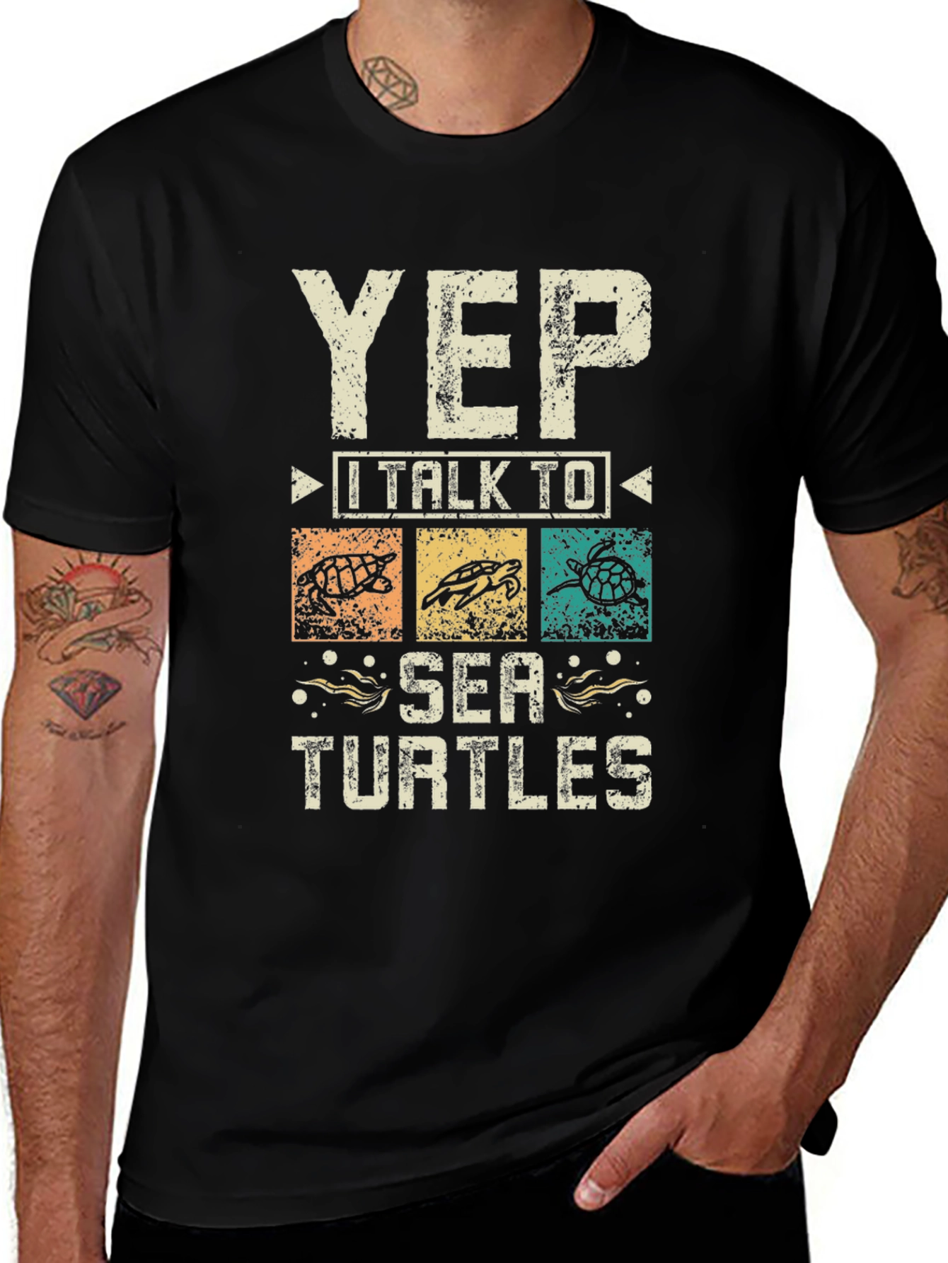 Variant 7 of Yep, I Talk to Sea Turtles Black Graphic T-Shirt