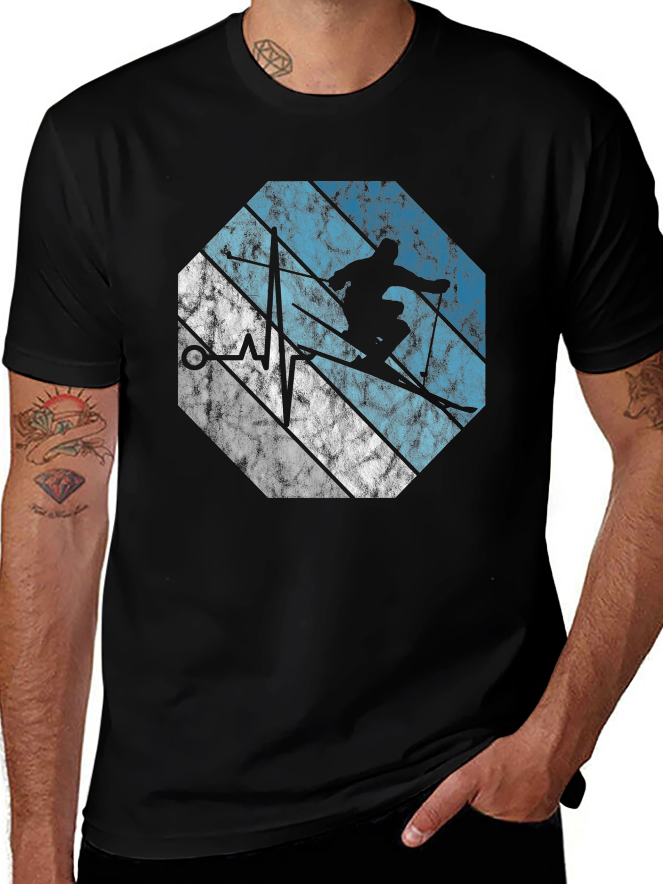 Variant 20 of Skiing Heartbeat Graphic Tee - Black Cotton T-Shirt