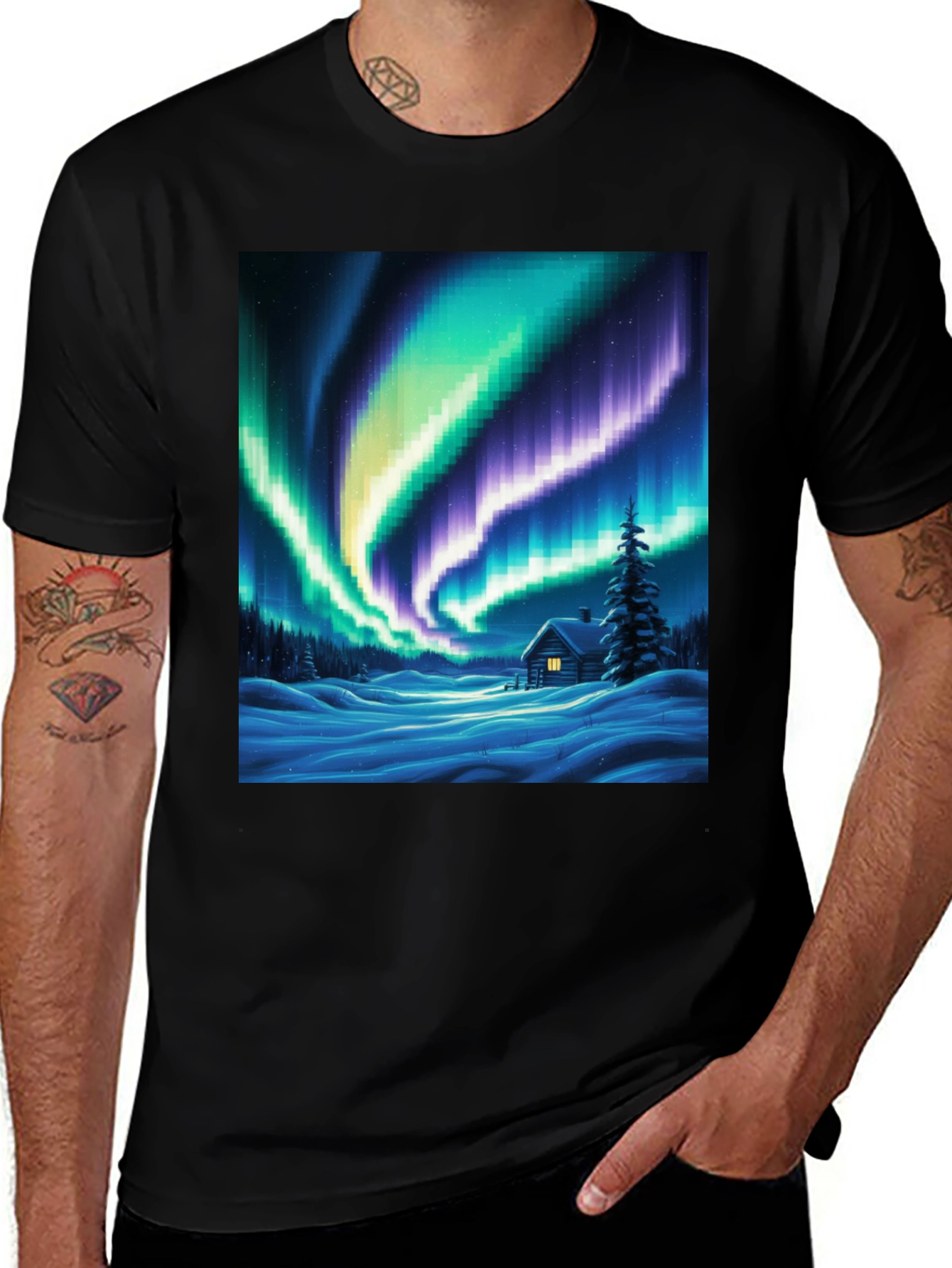 Variant 30 of Aurora Cabin T-Shirt: Winter Night Scene