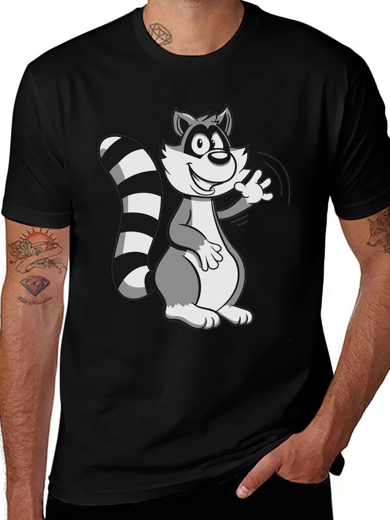 Variant 11 of Cartoon Raccoon Graphic T-Shirt - Black