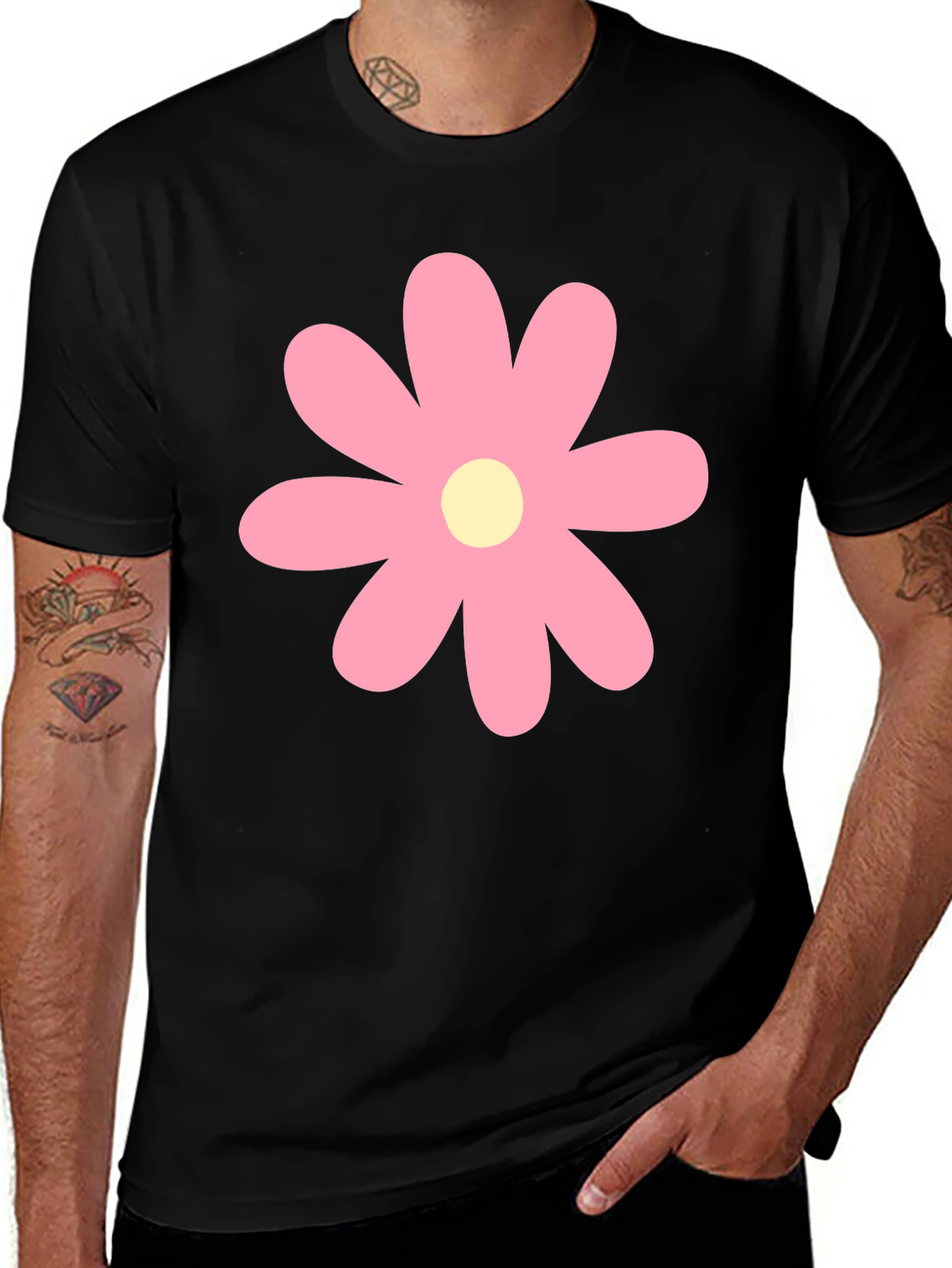 Pink Flower Graphic Print Black T-Shirt