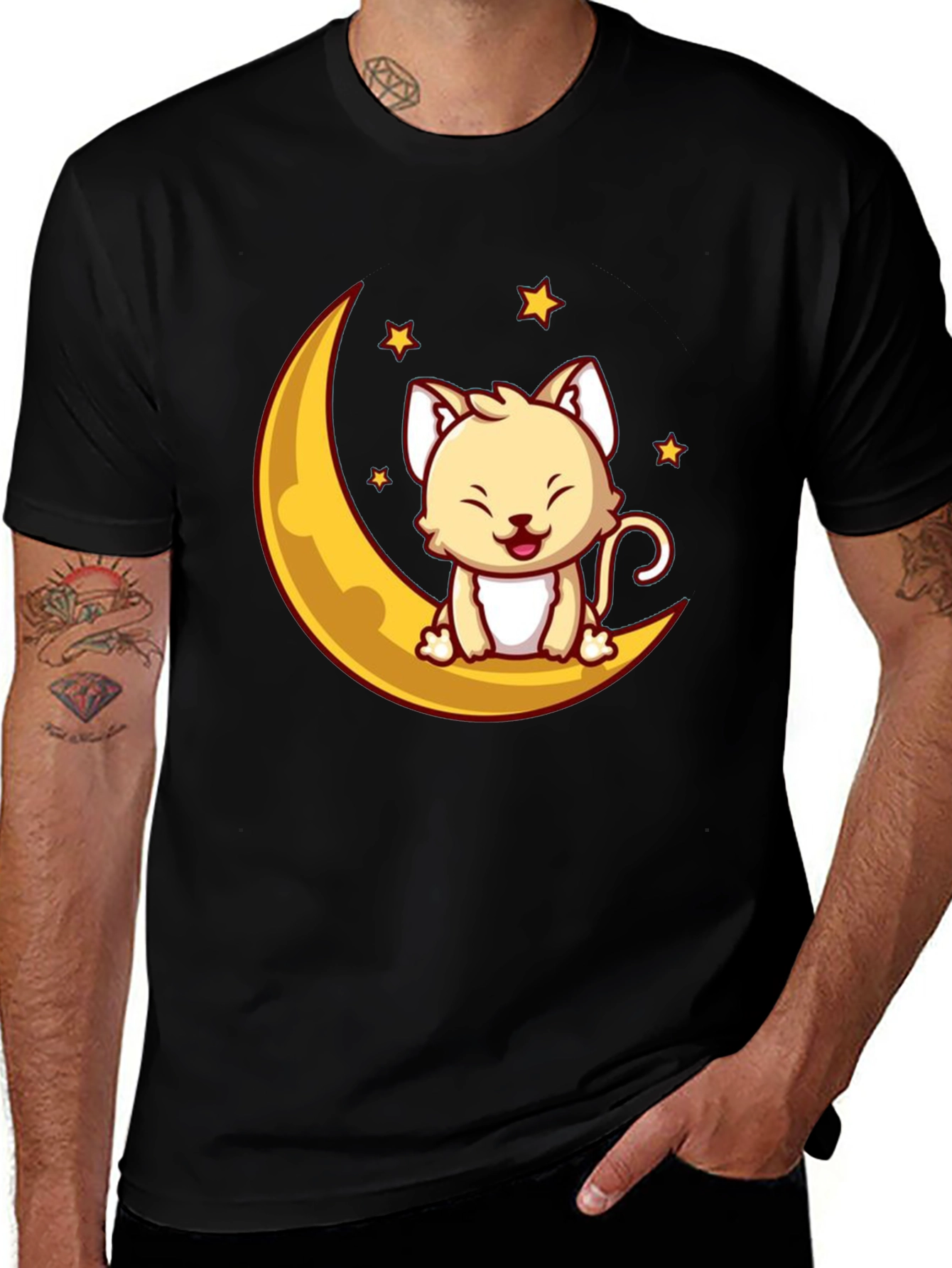 Variant 12 of Cute Cat on Moon Graphic Tee - Black Cotton T-Shirt