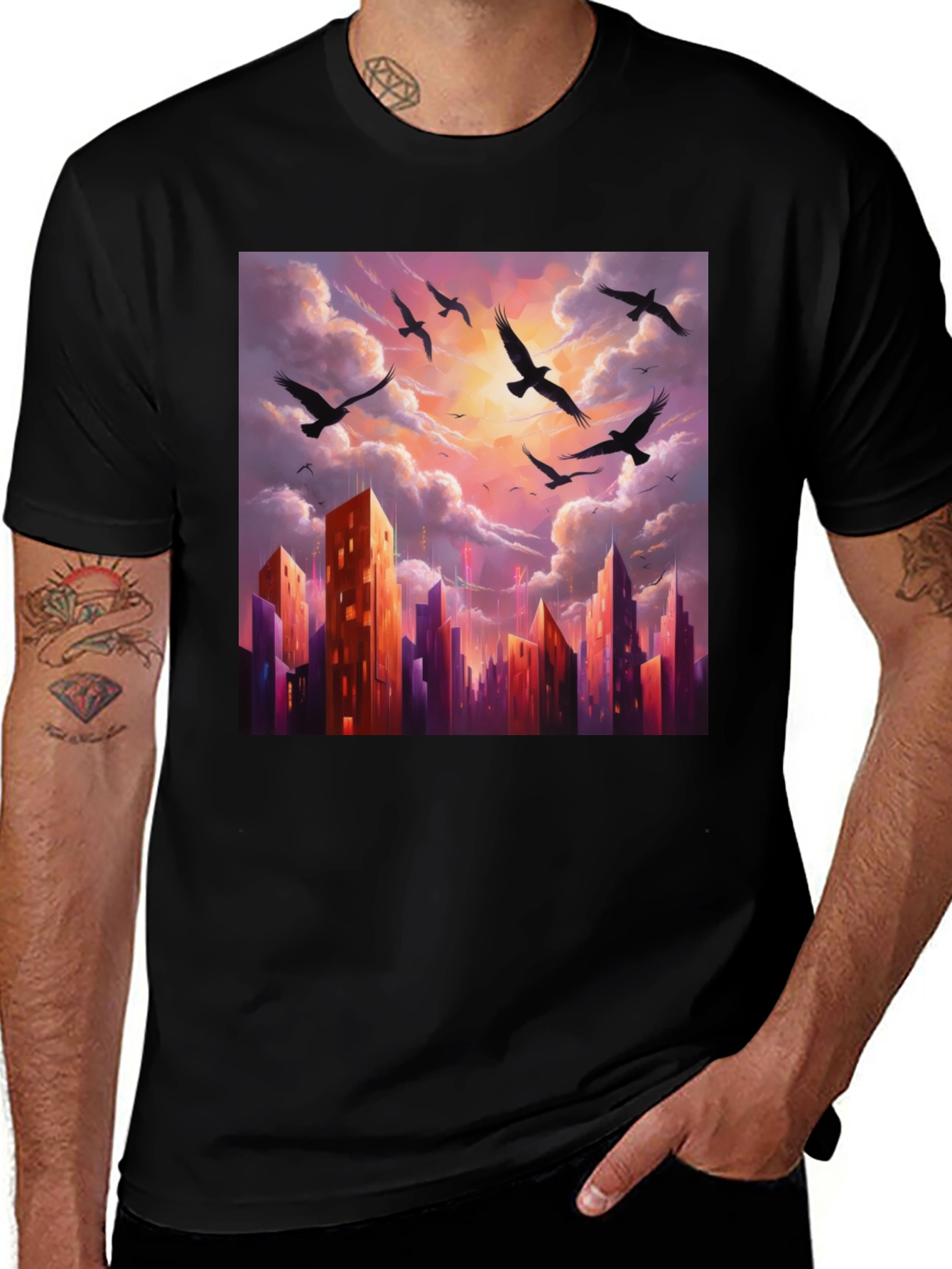 Variant 29 of Cityscape Birds Graphic Tee - Men's Black T-Shirt