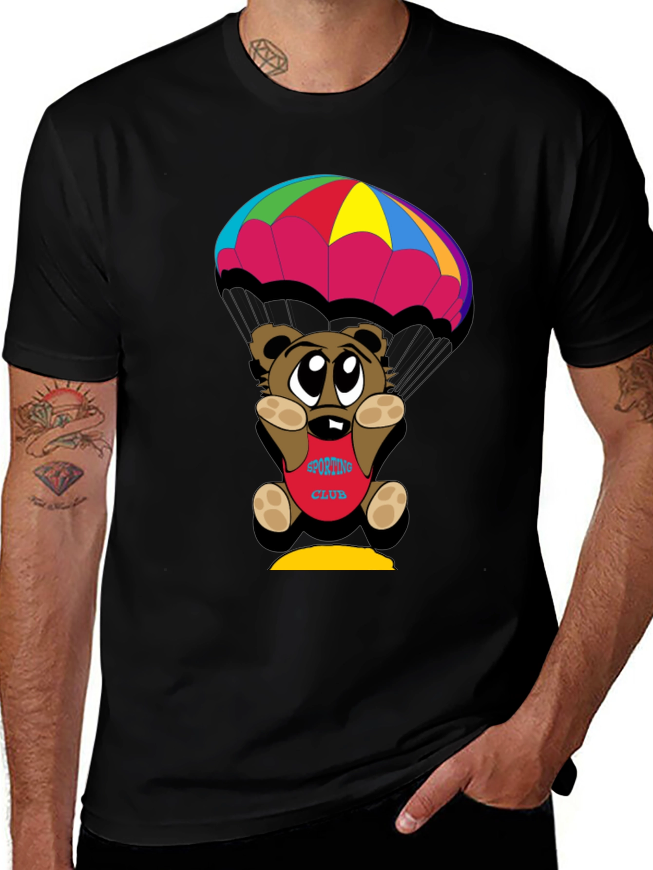 Variant 24 of Cartoon Bear Parachute Black T-Shirt