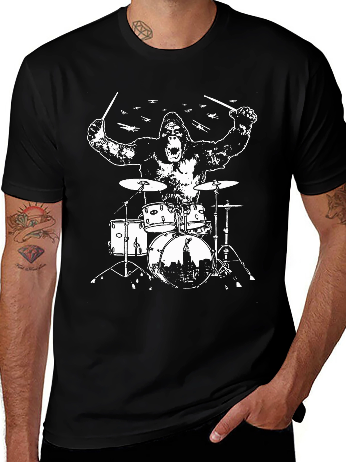 Variant 27 of Gorilla Drummer Graphic T-Shirt - Black
