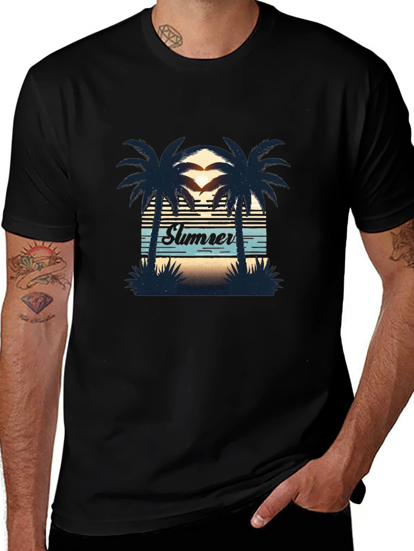 Camiseta Negra con Diseño Veraniego de Palmeras